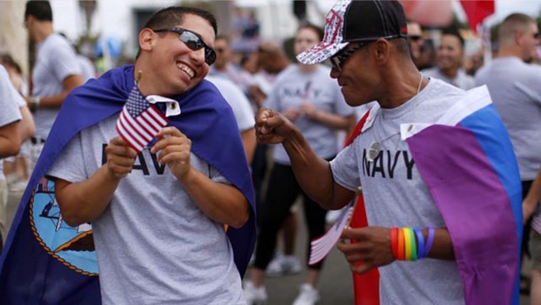 Active and retired military servicemen prepare to march in the Gay Pride Parade.