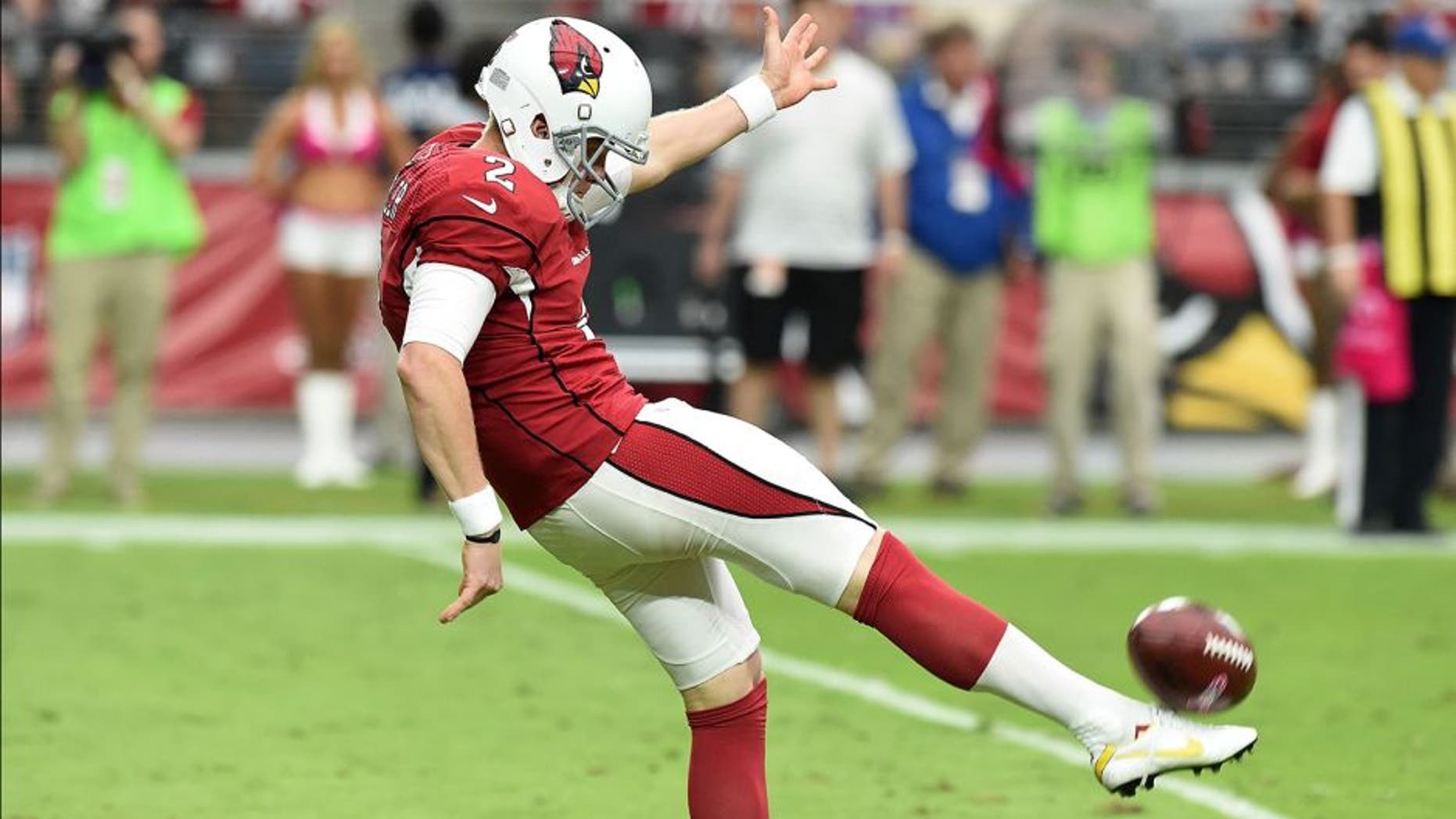 GLENDALE, AZ - OCTOBER 12: Drew Butler #2 of the Arizona Cardinals punts the ball against the Washington Redskins at University of Phoenix Stadium on October 12, 2014 in Glendale, Arizona. (Photo by Norm Hall/Getty Images)