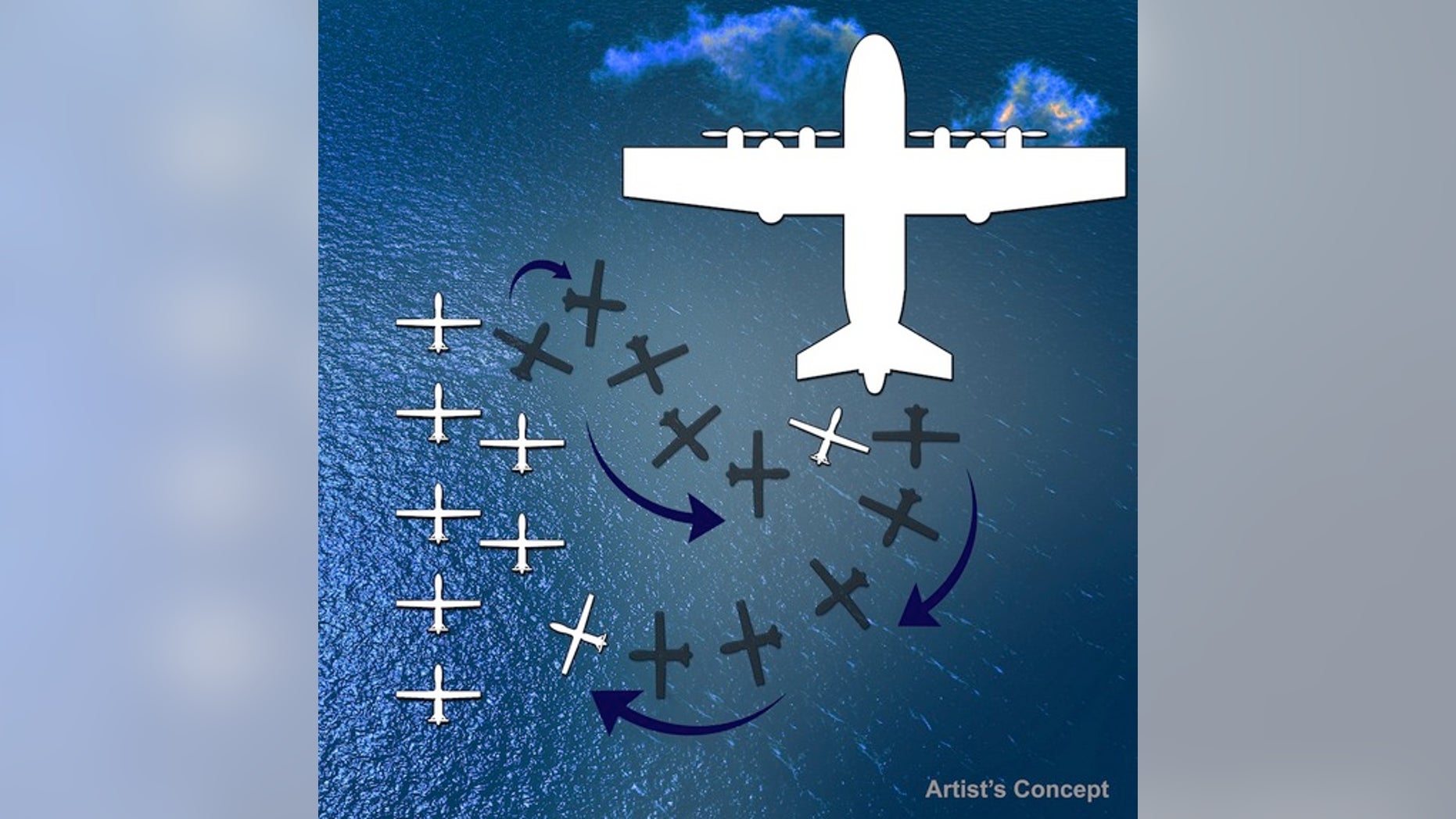 Artist's conception of drones being deployed from a transport aircraft.