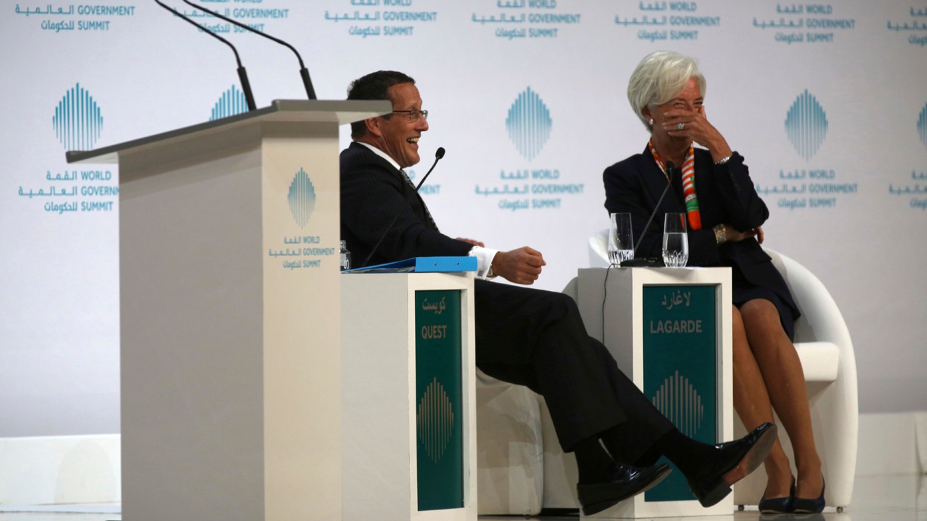 Christine Lagarde, managing director of the International Monetary Fund, reacts to a joke by Richard Quest of CNN in Dubai, United Arab Emirates, Sunday, Feb. 12, 2017.