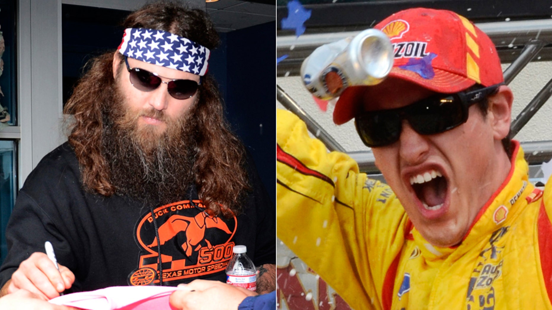 Duck Commander's Willie Robertson signs autographs at Texas Motor Speedway (L), Joey Logan celebrates his win in the Duck Commander 500 (R)