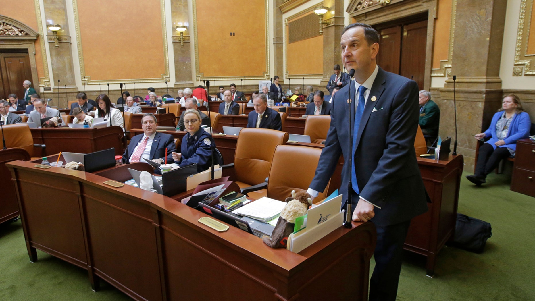 This Tuesday, Feb. 21, 2017, photo, Rep. Norm Thurston, R-Provo, speaks on the House floor, at the Utah State Capitol, in Salt Lake City.