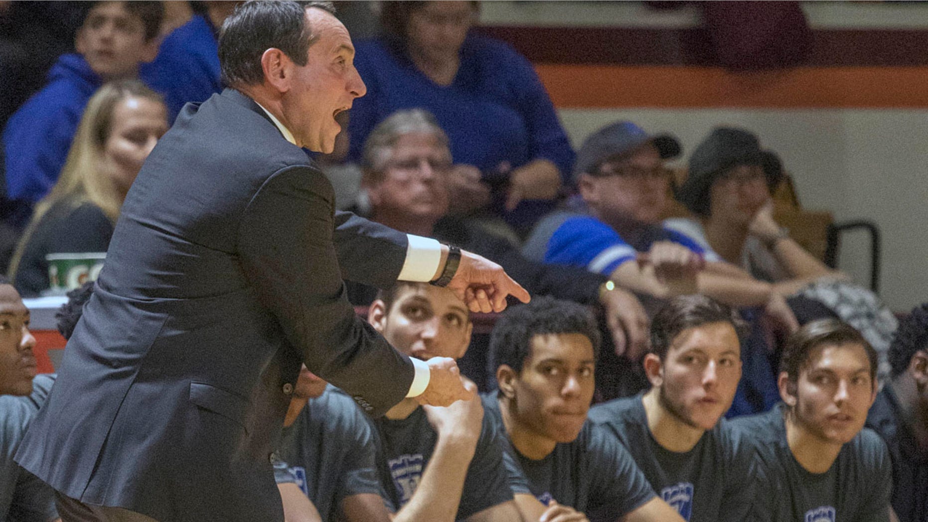 Dec. 31, 2016: Duke head coach Mike Krzyzewski yells to his players during the first half of their game against Virginia Tech in Blacksburg, Va. Virginia Tech won 89-75