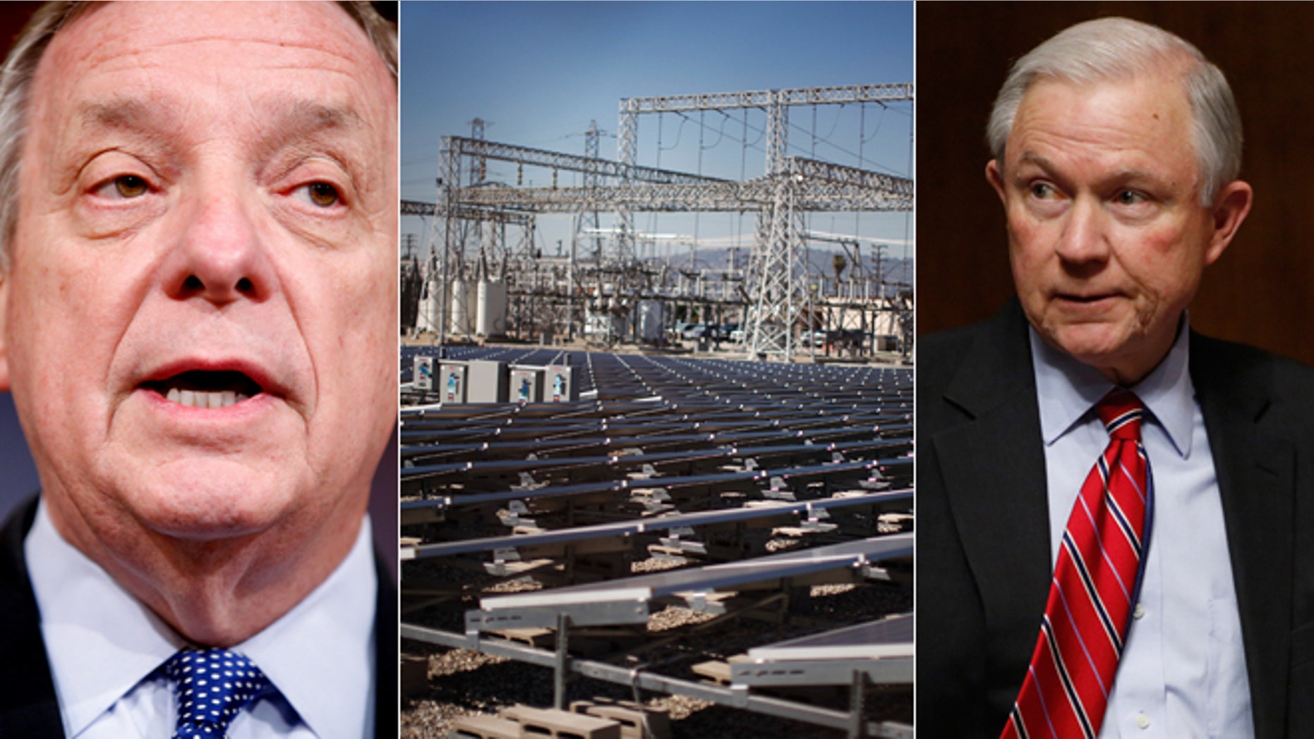 Shown here are Sen. Dick Durbin, left; Sen. Jeff Sessions, right; and solar panels near a Southern California Edison electricity station in Carson, Calif., center.