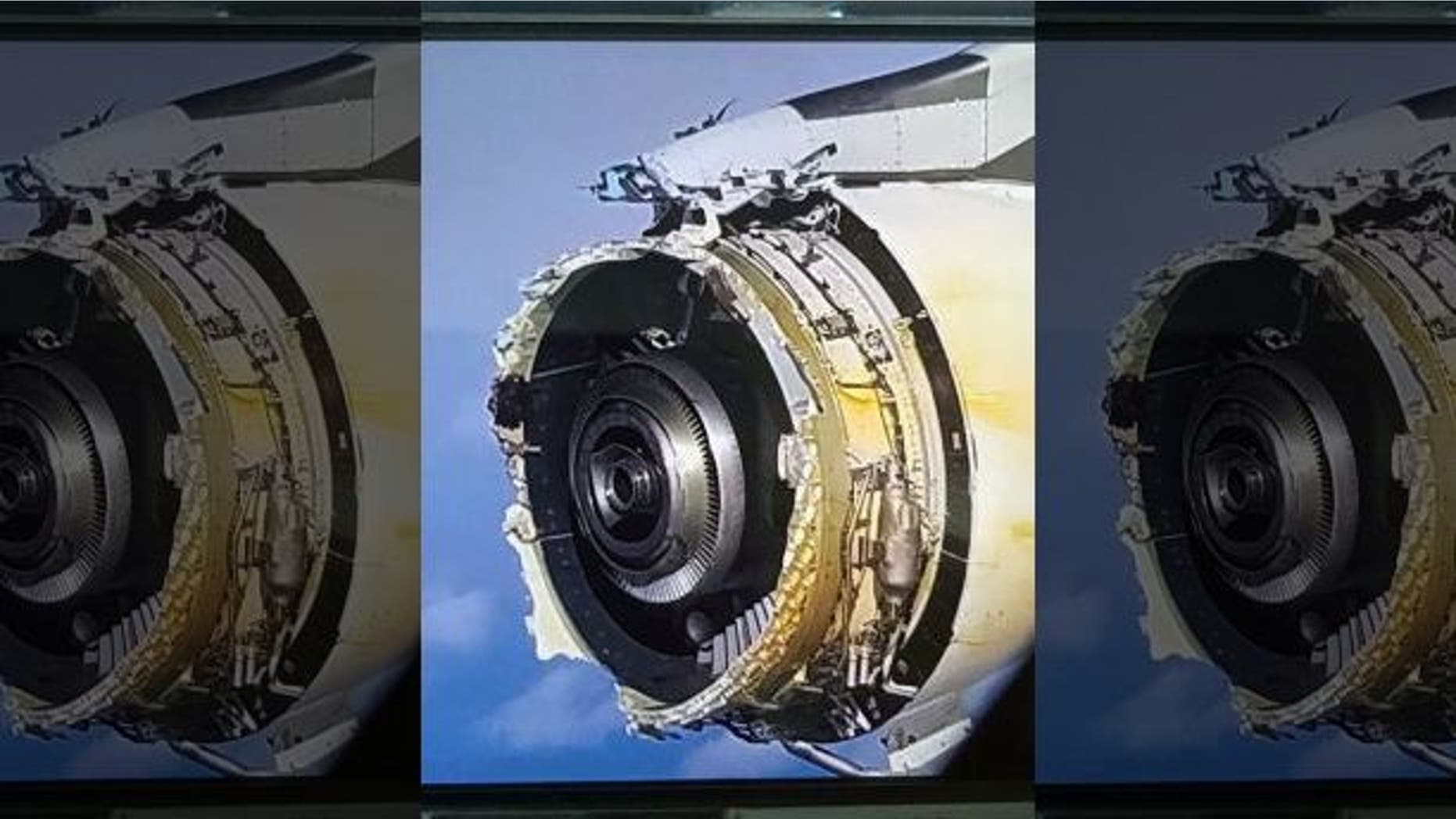 This photo shows a damaged engine that forced an Air France flight to Los Angeles from Paris to divert to Newfoundland.
