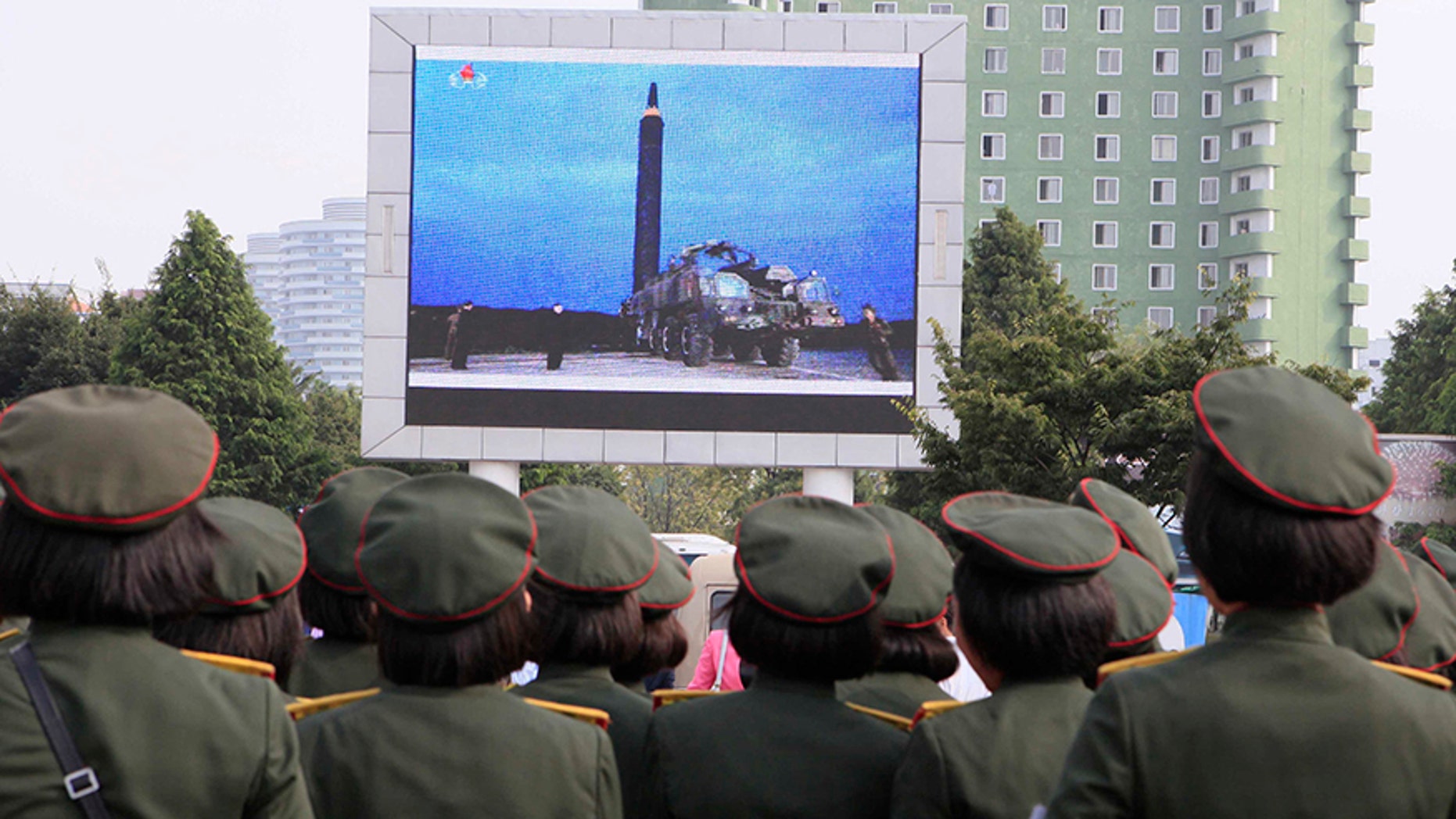 August 30, 2017: People fill the square of the main railway station to watch a televised news broadcast of the test-fire of an inter-continental ballistic rocket Hwasong-12, in Pyongyang, North Korea.
