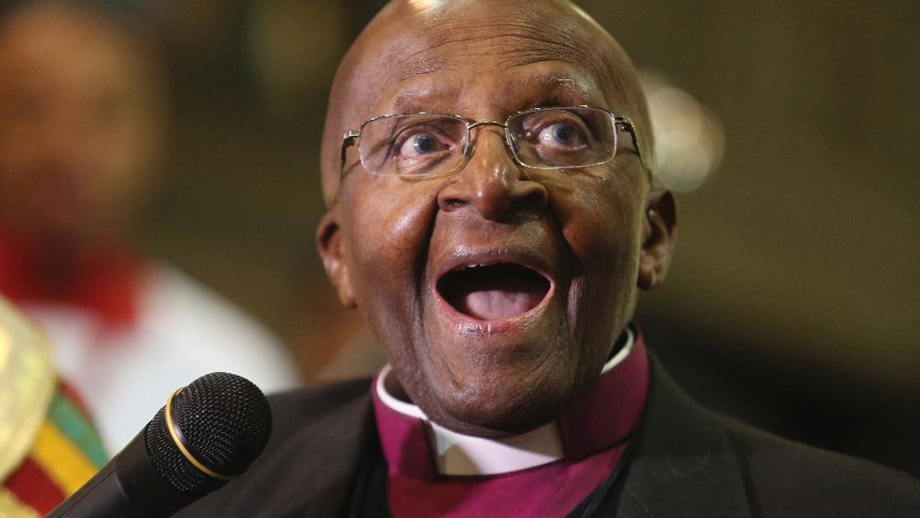 FILE - In this July 2016 file photo Anglican Archbishop Emeritus Desmond Tutu takes part in a Mass to celebrate four decades of episcopal ministry at a special thanksgiving Mass at St Mary's Cathedral in Johannesburg. Nobel laureate Desmond Tutu has left a South African hospital where he was treated for the last three weeks. Tutu's family said the 84-year-old retired archbishop had been admitted to the hospital in Cape Town 'to bring a recurring infection under control.' (AP Photo/Denis Farrell-File