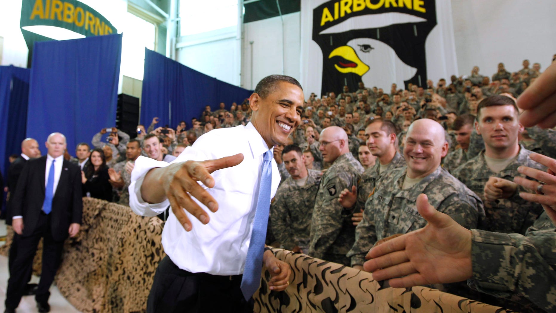 President Obama greets military personnel prior to addressing troops, Friday, May 6, 2011, at Fort Campbell, Ky. (AP)