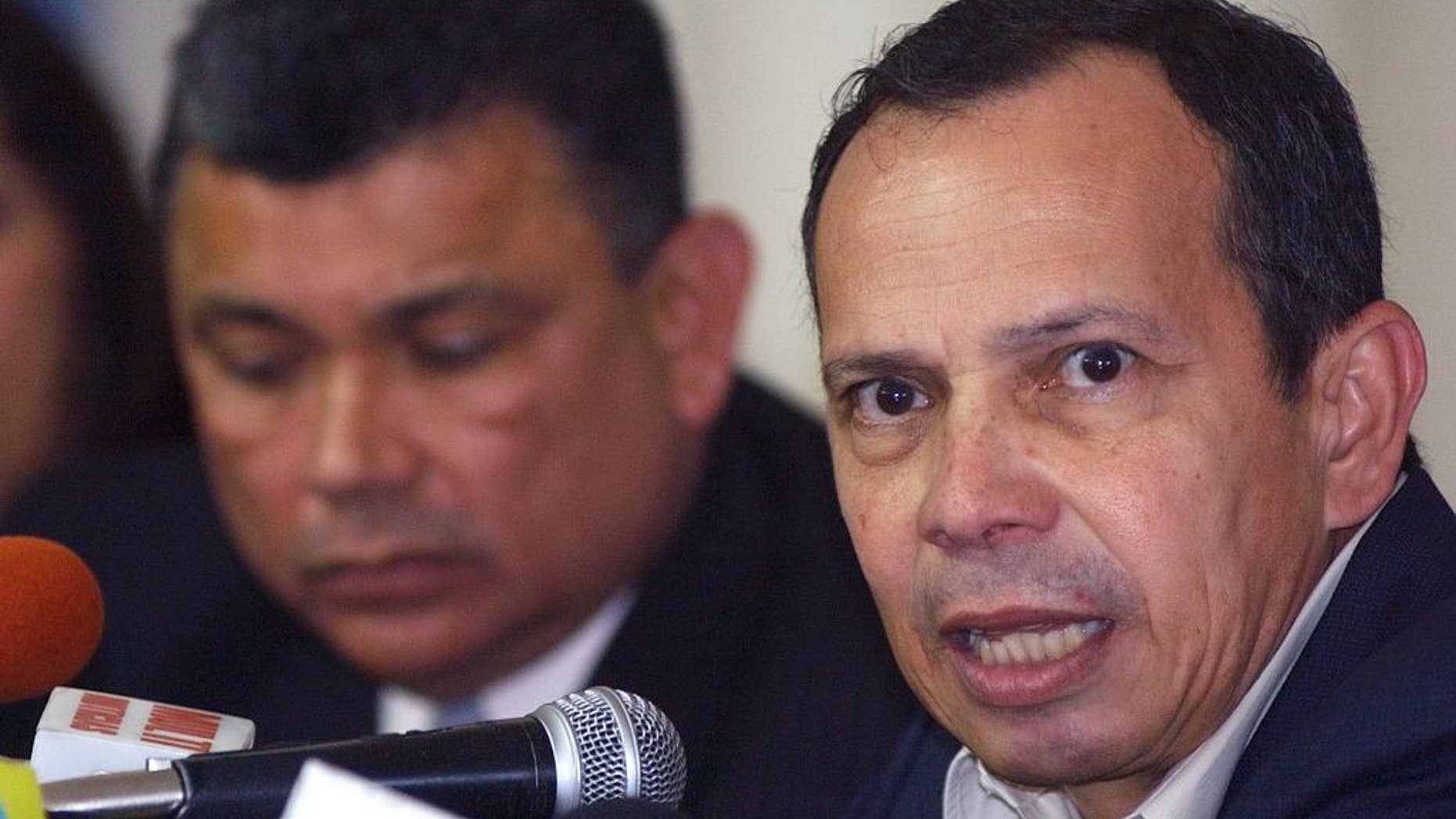 FILE - In this Jan. 9, 2005 file photo, National Assembly President Rene Nunez talks during a press conference in Managua, Nicaragua. Nicaragua's congress has decided that Nunez, who died on Sept. 10, 2016, will remain as the body's titular head through the end of the legislative session in January. The unprecedented move is intended to honor Nunez, who was president of the legislative assembly for nine years until his death, at age 69. The assembly's vice president will take on his administrative responsibilities. (AP Photo/Esteban Felix)