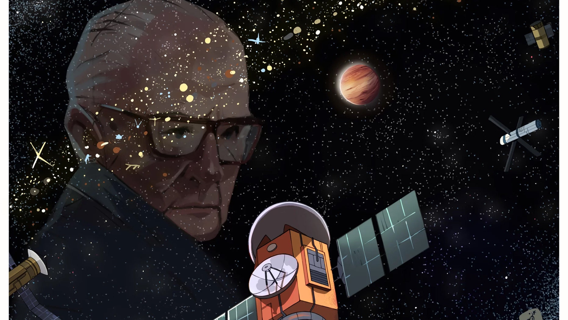 An artist's illustration of a "Clarke exobelt" of alien satellites, with a portrait of inventor and science fiction author Arthur C. Clarke. Credit: Caro Waro