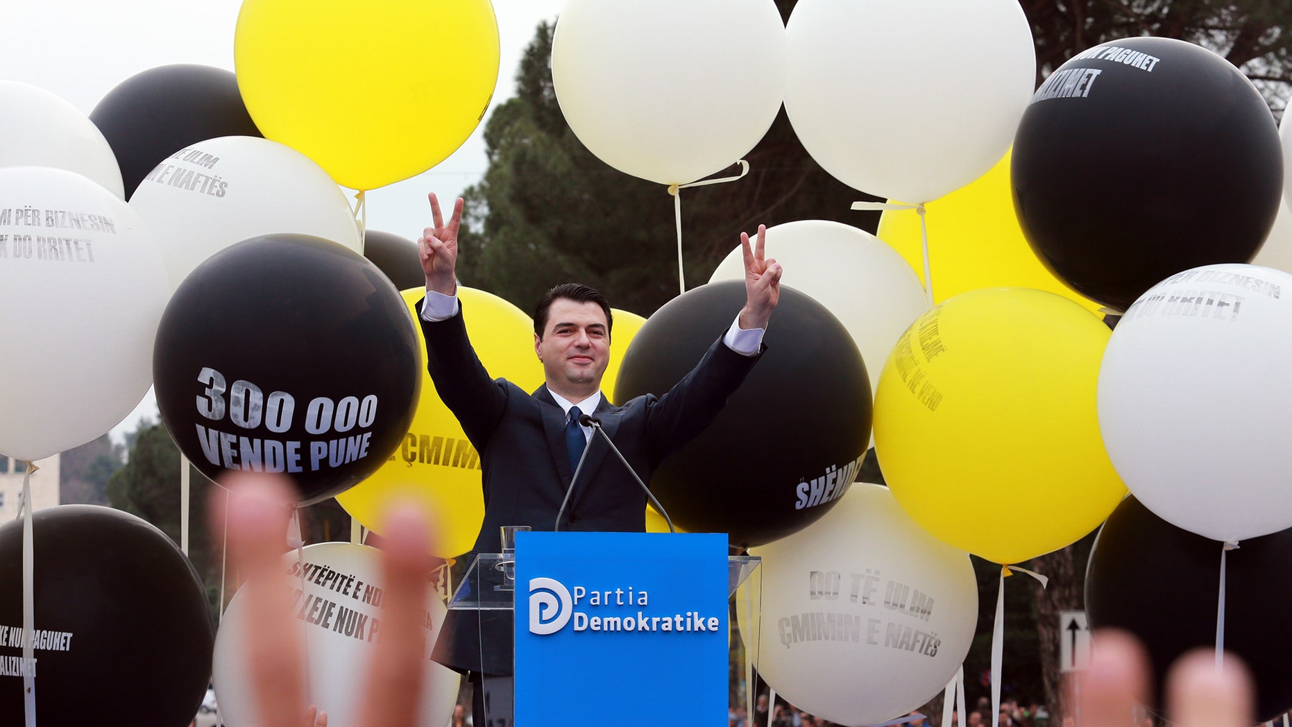 Albania's main opposition Democratic Party leader Lulzim Basha, also Tirana's mayor, speaks to his supporters in front of the government’s main building, Thursday, Feb. 20, 2014 More than 5,000 Albanian opposition supporters march peacefully through the capital Tirana, accusing the Socialist government of failing to fight poverty and unemployment. (AP Photo/Hektor Pustina)