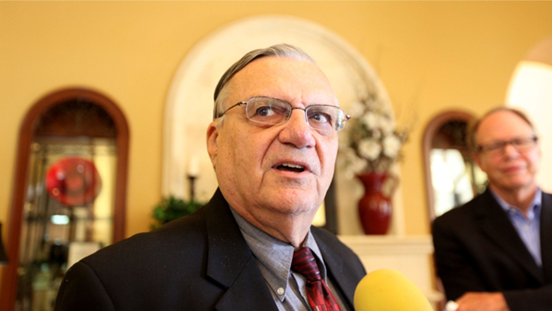 RANCHO BERNARDO, CA - AUGUST 10: Sheriff Joe Arpaio speaks to members of the media during a visit to the Rancho Bernardo Inn on August 10, 2010 in Rancho Bernardo, California. Arpaio, who is Sheriff of Maricopa County in Arizona, gained national attention for using deputies to conduct raids to apprehend illegal immigrants and building large outdoor prison tents to house inmates. (Photo by Sandy Huffaker/Getty Images)