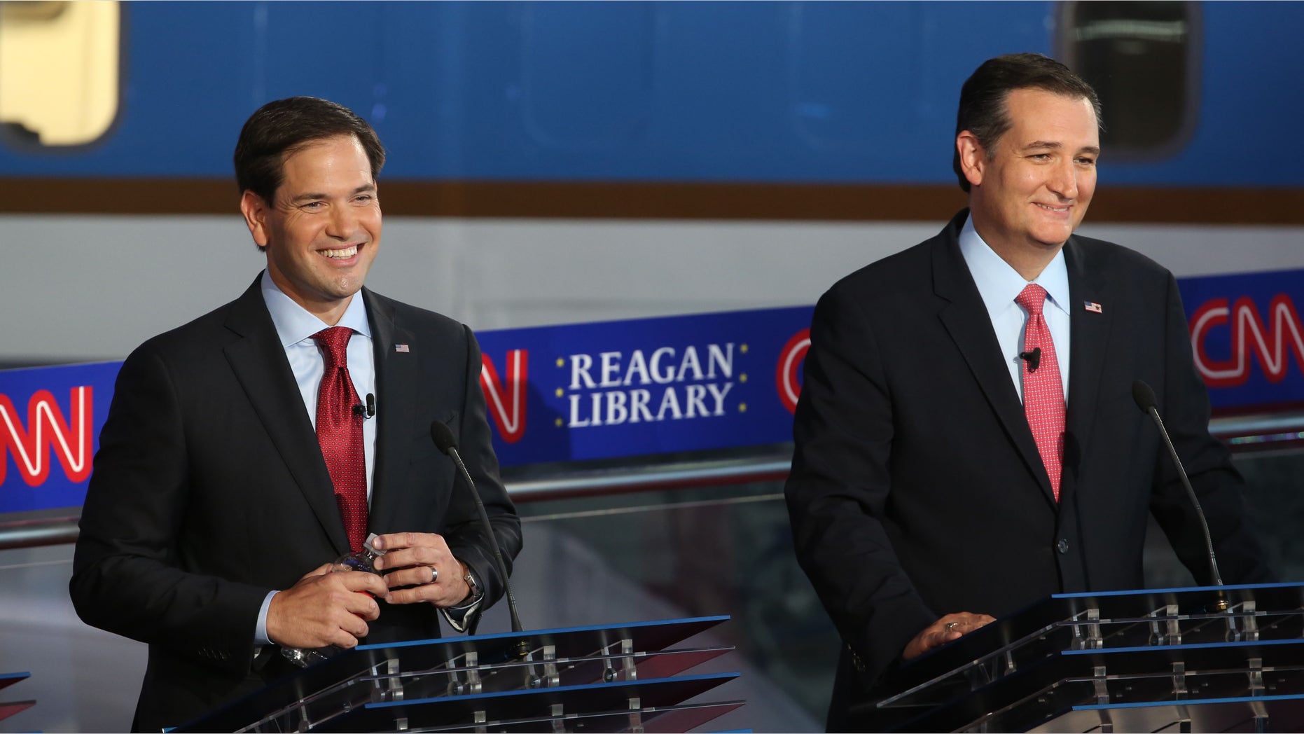 SIMI VALLEY, CA - SEPTEMBER 16: Republican presidential candidate Marco Rubio and Ted Cruz take part in the presidential debates at the Reagan Library on September 16, 2015 in Simi Valley, California. Fifteen Republican presidential candidates are participating in the second set of Republican presidential debates. (Photo by Justin Sullivan/Getty Images)