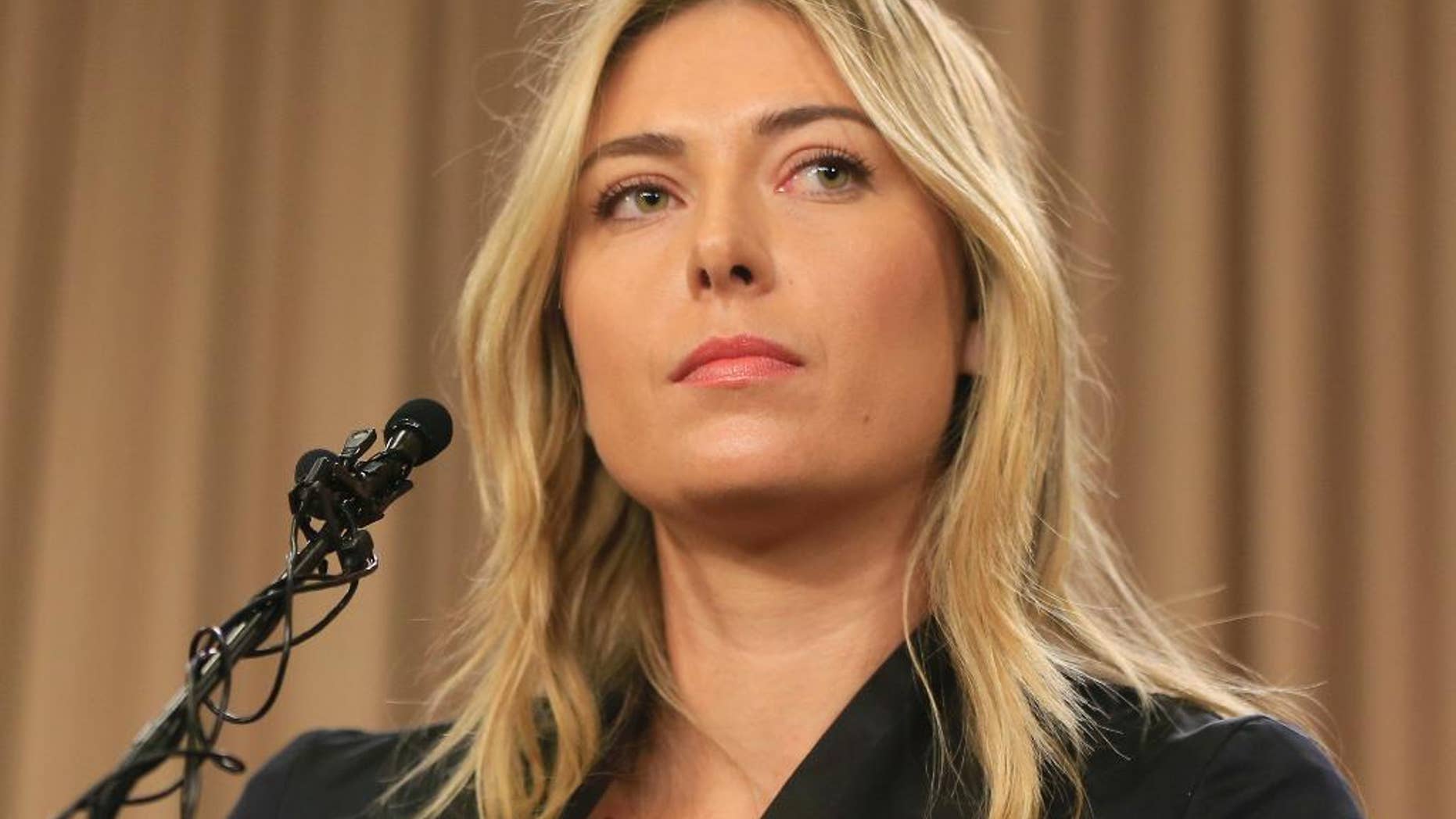 FILE - This is a Monday, March 7, 2016 file photo showing tennis star Maria Sharapova speakings about her failed drug test at the Australia Open during a news conference in Los Angeles. The head of the Russian Tennis Federation Shamil Tarpishchev said Maria Sharapova's failed doping test could spell the end of her career. . (AP Photo/Damian Dovarganes, File)