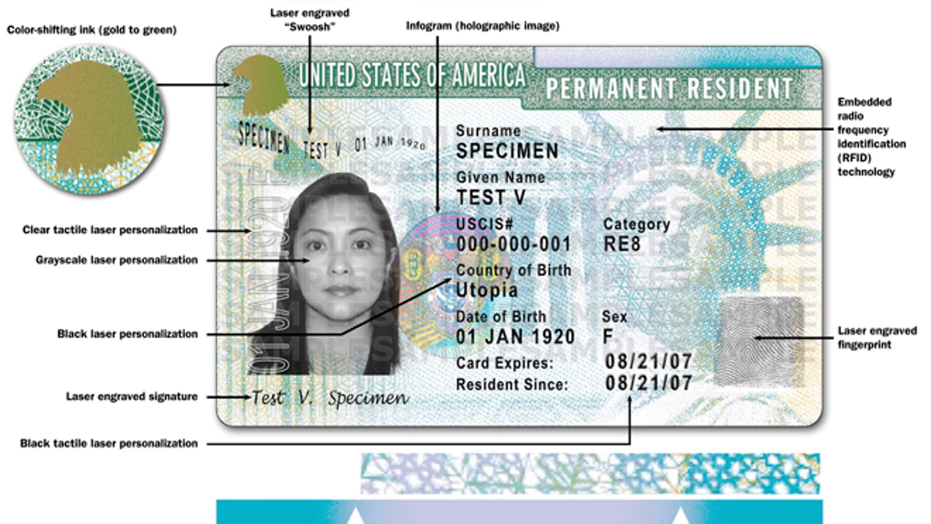 This image provided by the U.S. Citizenship and Immigration Services shows the new version of the Permanent Resident Card, more commonly known as a green card. The Homeland Security Department appears to be preparing for an increase in the number of immigrants living illegally in the country to apply for work permits after President Barack Obama announces his long-promised plans for executive actions on immigration reform later this year. USCIS confirmed to The Associated Press that it has published a draft contract proposal to buy the card stock needed to make work permits and Permanent Resident Cards. (AP Photo/U.S. Citizenship and Immigration Services)