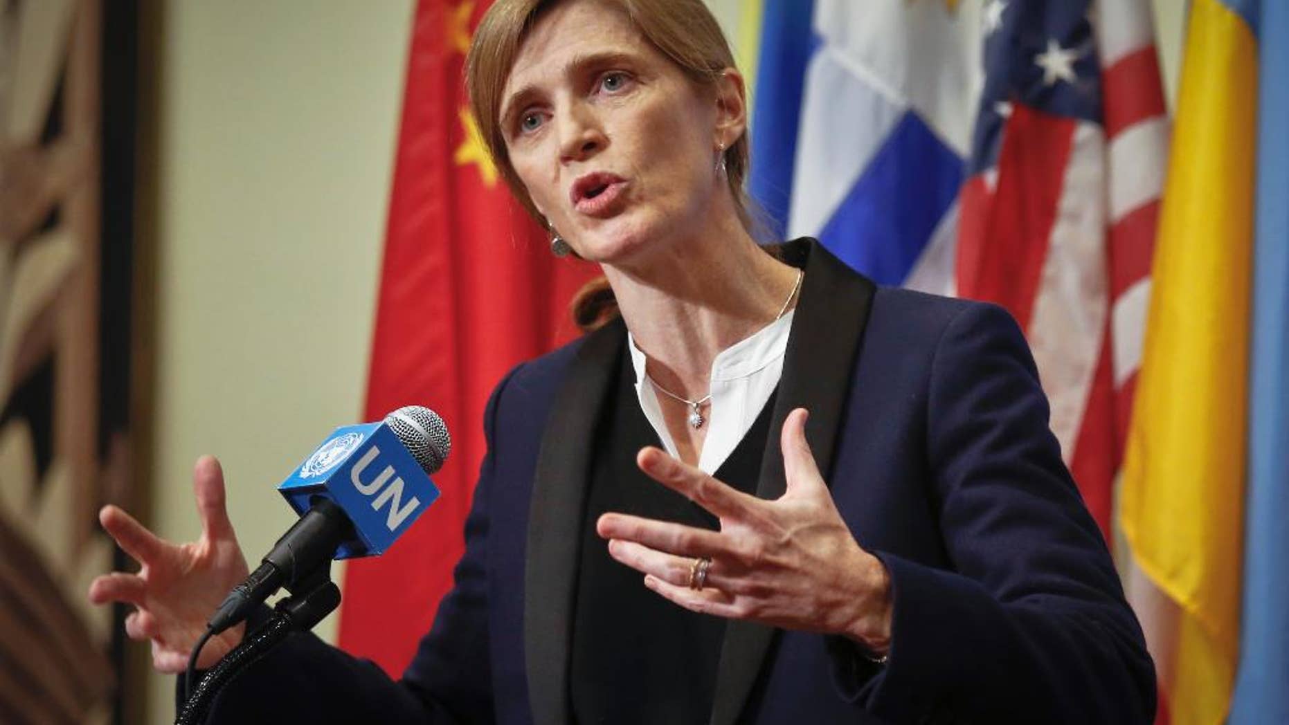 U.S. Ambassador to the United Nations Samantha Power speaks during a press briefing on Syria, during a break in closed meetings of the Security Council, Friday Dec. 16, 2016 at U.N. headquarters. (AP Photo/Bebeto Matthews)