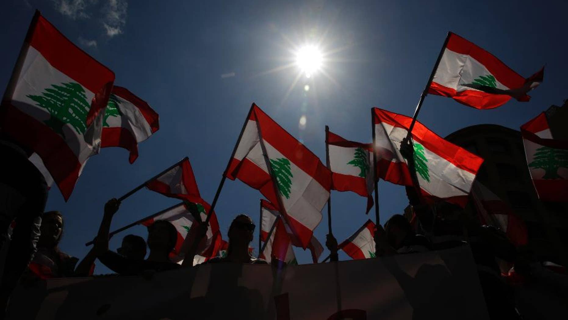 Lebanese people wave the nation's flag, in downtown Beirut, March 19, 2017.