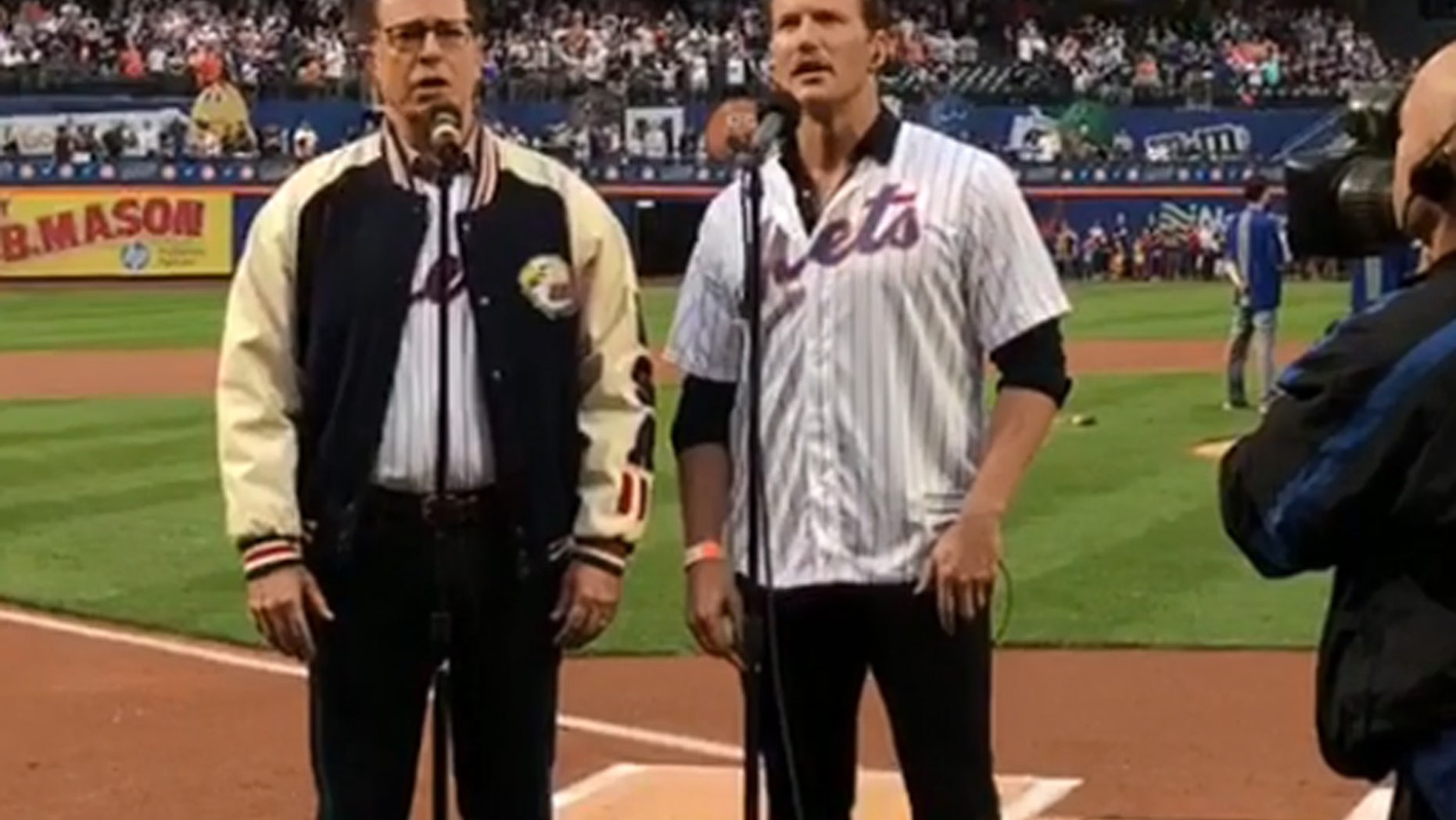 Stephen Colbert and Patrick Wilson performed the National Anthem Friday night at the New York Mets game.