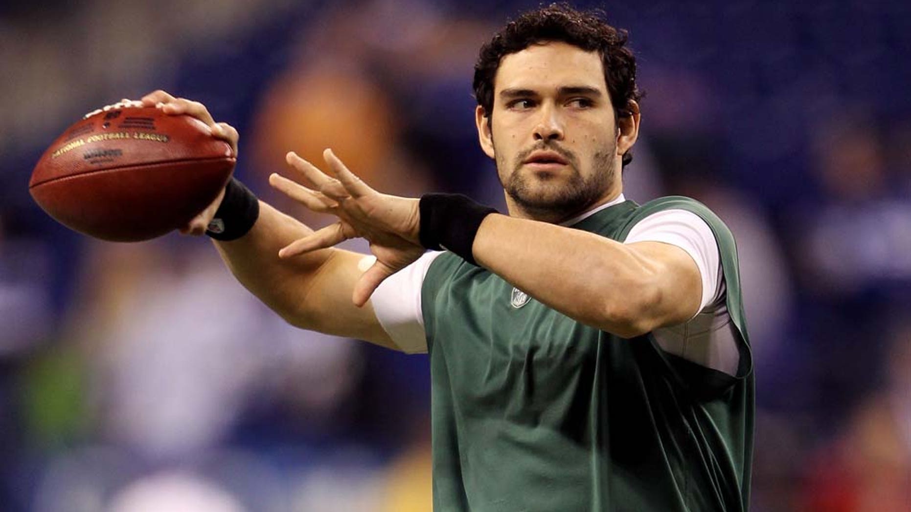 INDIANAPOLIS, IN - JANUARY 08: Quarterback Mark Sanchez #6 of the New York Jets warms up against the Indianapolis Colts during their 2011 AFC wild card playoff game at Lucas Oil Stadium on January 8, 2011 in Indianapolis, Indiana. (Photo by Andy Lyons/Getty Images)