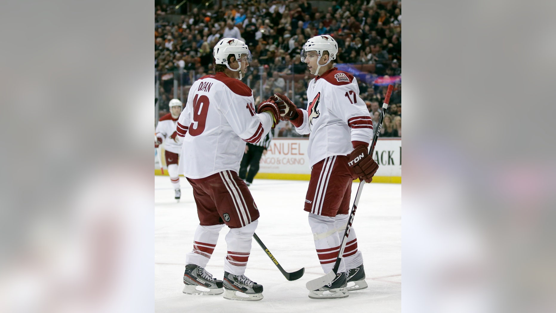 Phoenix Coyotes right wing Radim Vrbata, right, celebrates his goal with teammate Shane Doan during the first period of an NHL hockey game against the Anaheim Ducks in Anaheim, Calif., Saturday, April 27, 2013. (AP Photo/Chris Carlson)