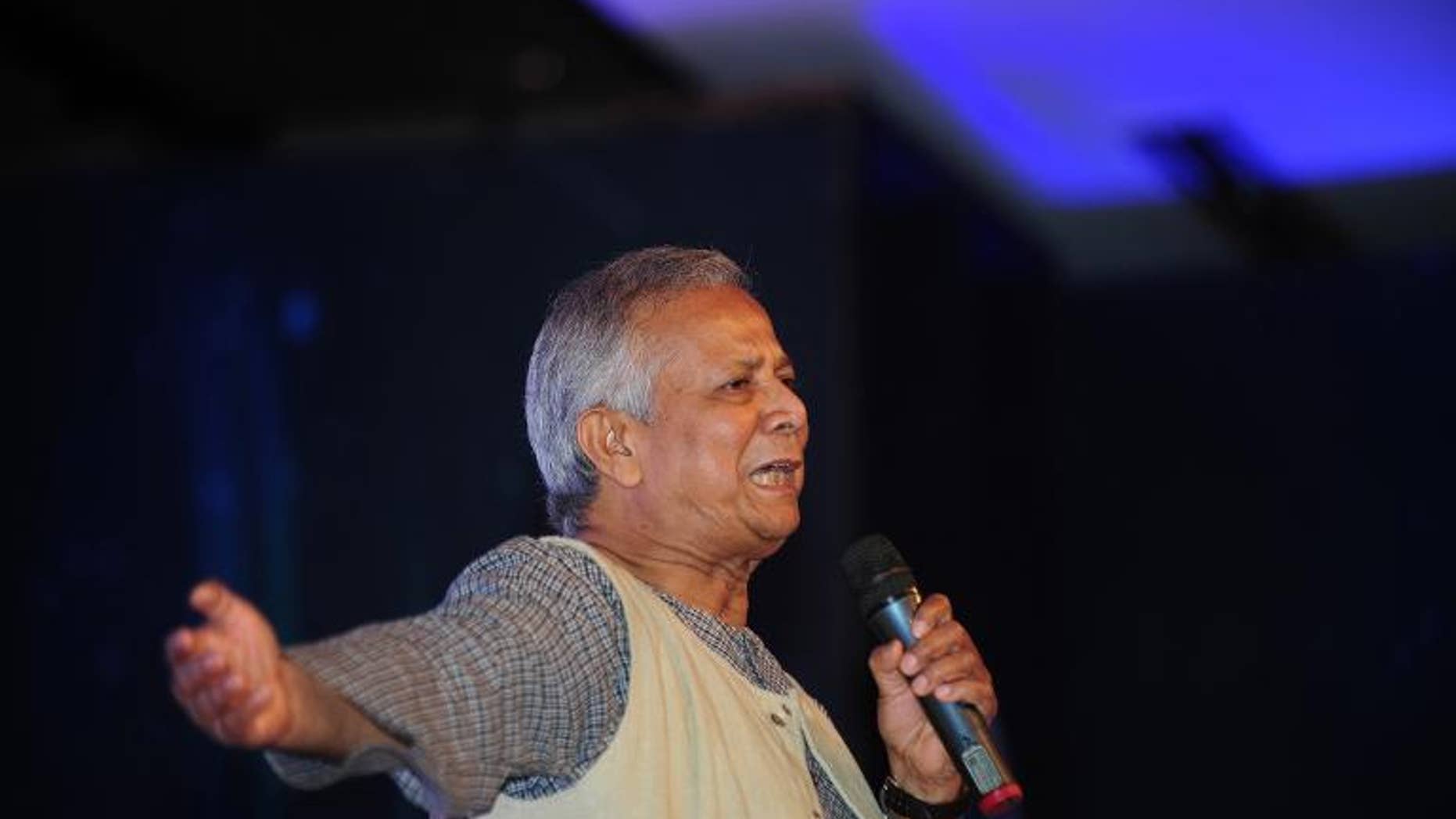 Nobel Laureate Professor Muhammad Yunus speaks in Dhaka on June 28, 2013