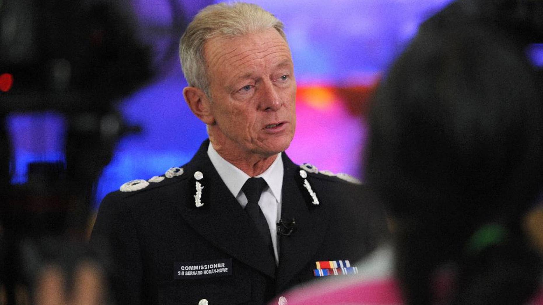 Britain's Metropolitan Police Commissioner Bernard Hogan-Howe speaks to media at the Metropolitan Police Control Centre in central London, Thursday, Sept. 29, 2016. Hogan-Howe, Britain's most senior police officer, has announced he'll retire in February, seven months before his contract expires. (Nick Ansell/PA via AP)