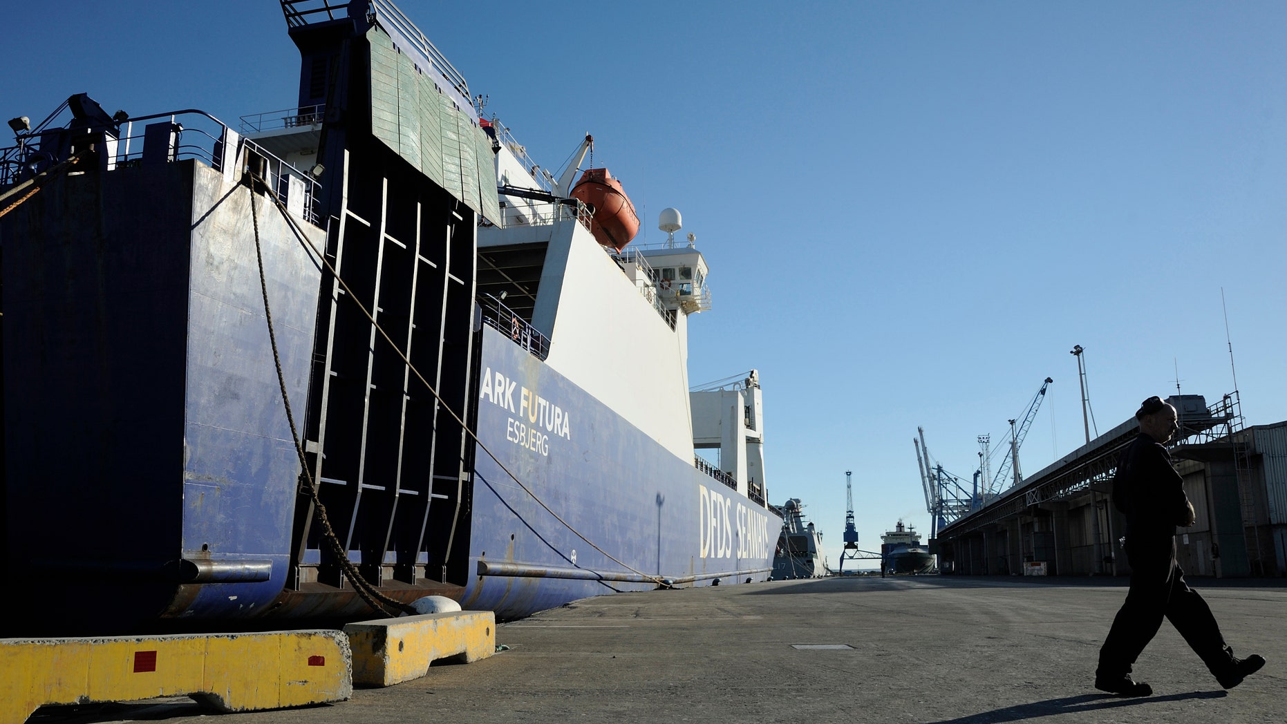 The Danish cargo ship Ark Futura, which will take part in a joint Danish-Norwegian mission to transport Syria’s chemical weapons out of the strife-torn country, lies docked at Cyprus’ Limassol port on Saturday, December 14, 2013.(AP Photo/Pavlos Vrionides)