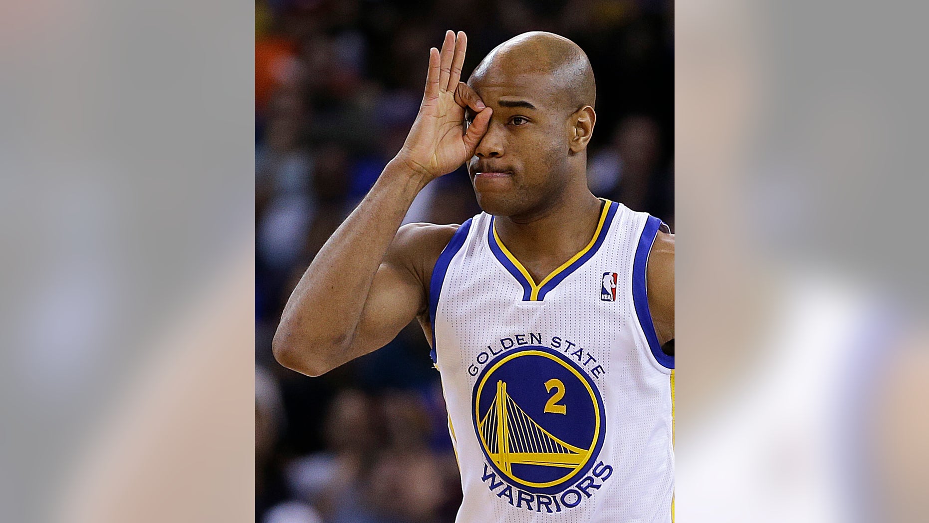 Golden State Warriors' Jarrett Jack gestures after scoring a 3-point basket during the first half of an NBA basketball game against the Oklahoma Thunder on Thursday, April 11, 2013, in Oakland, Calif. (AP Photo/Ben Margot)