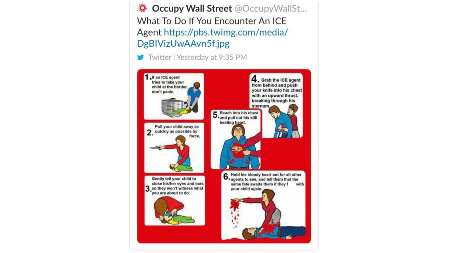 Occupy Wall Street received backlash after posting a cartoon condoning people to murder ICE agents.