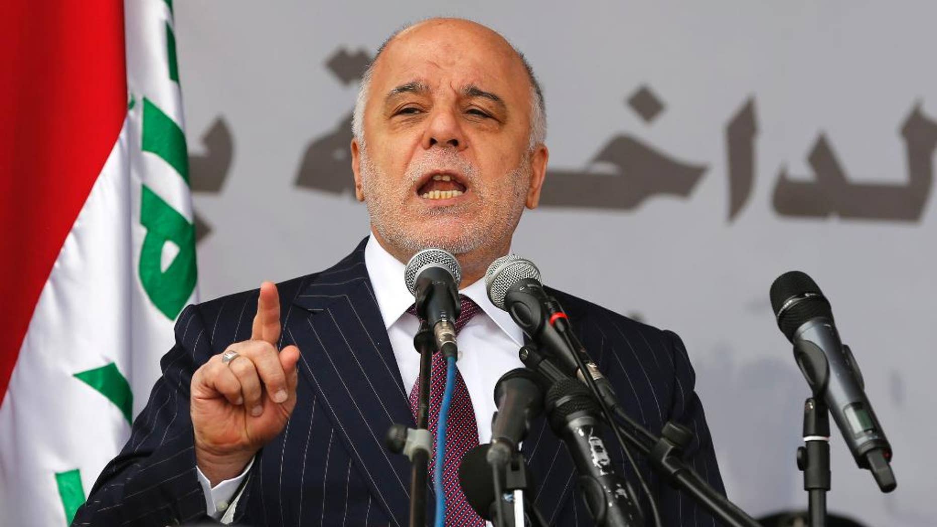 FILE - In this Jan. 9, 2016, file photo, Iraq's Prime Minister Haider al-Abadi, speaks during a ceremony marking Police Day at the police academy in Baghdad, Iraq. Iraq’s supreme court struck down key reforms proposed by Prime Minister Haider al-Abadi on Monday, Oct. 10, 2016, marking another setback for the increasingly isolated leader as he seeks to unite the country ahead of a march on the Islamic State-held city of Mosul. The premier had proposed abolishing the two vice presidential and deputy prime minister posts, largely ceremonial positions created after the 2003 U.S.-led invasion to give the Sunni and Kurdish minorities a greater presence in the Shiite-led government. (AP Photo/Karim Kadim, File)
