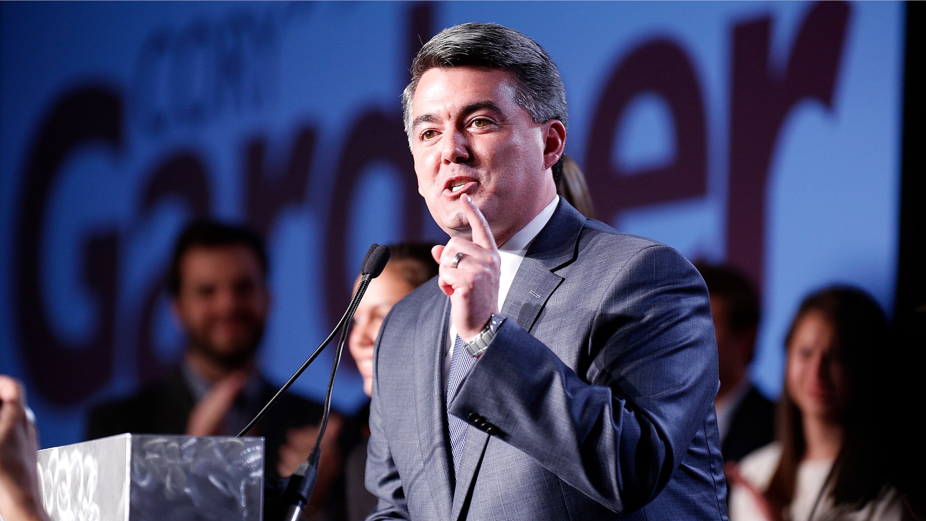 DENVER, COLORADO - NOVEMBER 4: U.S. Senator-elect Cory Gardner (R-CO) speaks with friends and family behind him after being declared the winner in the race at the Colorado Republican party's election night event at the Denver Tech Center Hyatt on November 4, 2014. Gardner defeated incumbent U.S. Sen. Mark Udall (D-CO). (Photo by Marc Piscotty/Getty Images)