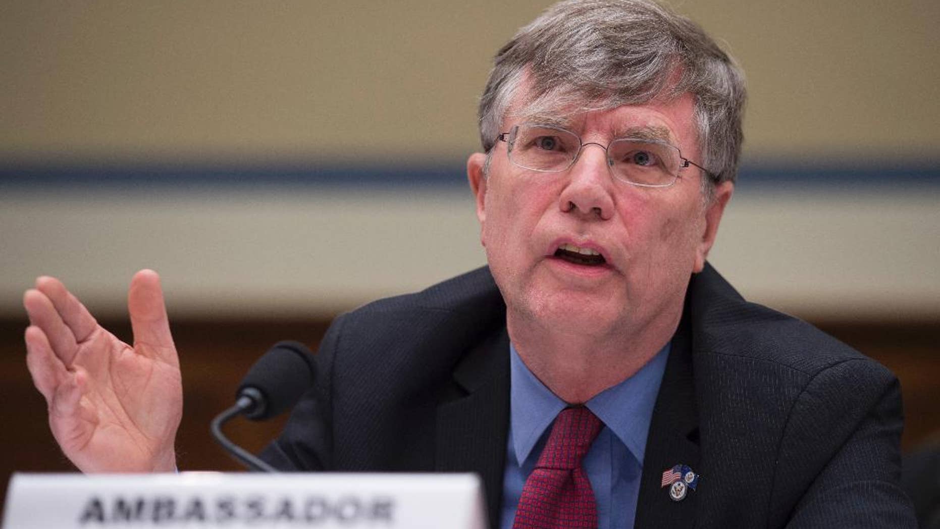 FILE - In this Sept. 8, 2016 file photo, Undersecretary of State for Management Patrick Kennedy testifies on Capitol Hill in Washington. Kennedy sought last year for the FBI to change the classification level of an email from Hillary Clinton’s private server in a proposed bargain described as a “quid pro quo” that would have allowed the FBI to deploy more agents in foreign countries, according to internal FBI records released Monday, Oct. 17, 2016. (AP Photo/Molly Riley, File)