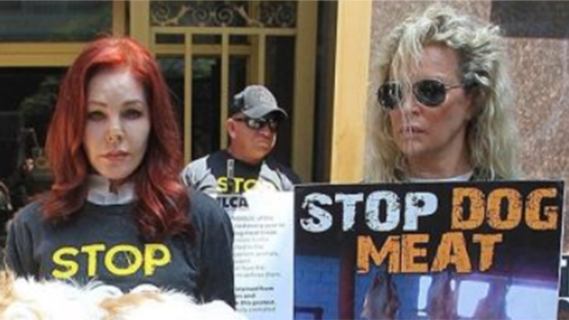 Priscilla Presley and actress Kim Basinger protest dog meat in Los Angeles.