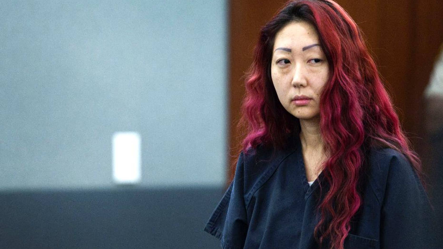FILE - In a Wednesday, March 12, 2014 file photo, pet shop owner Gloria Lee appears in court at the Regional Justice Center in Las Vegas. Lee was sentenced Wednesday, Feb. 25, 2015, to 5 to 14 years in state prison for setting fire to the business where 27 puppies and dogs were rescued. Lee stunned the courtroom when she told Clark County District Court Judge David Barker on Wednesday that she's three months pregnant. Prosecutor Shanon Clowers says Lee will have her baby in prison. (AP Photo/Las Vegas Sun, Steve Marcus, File)