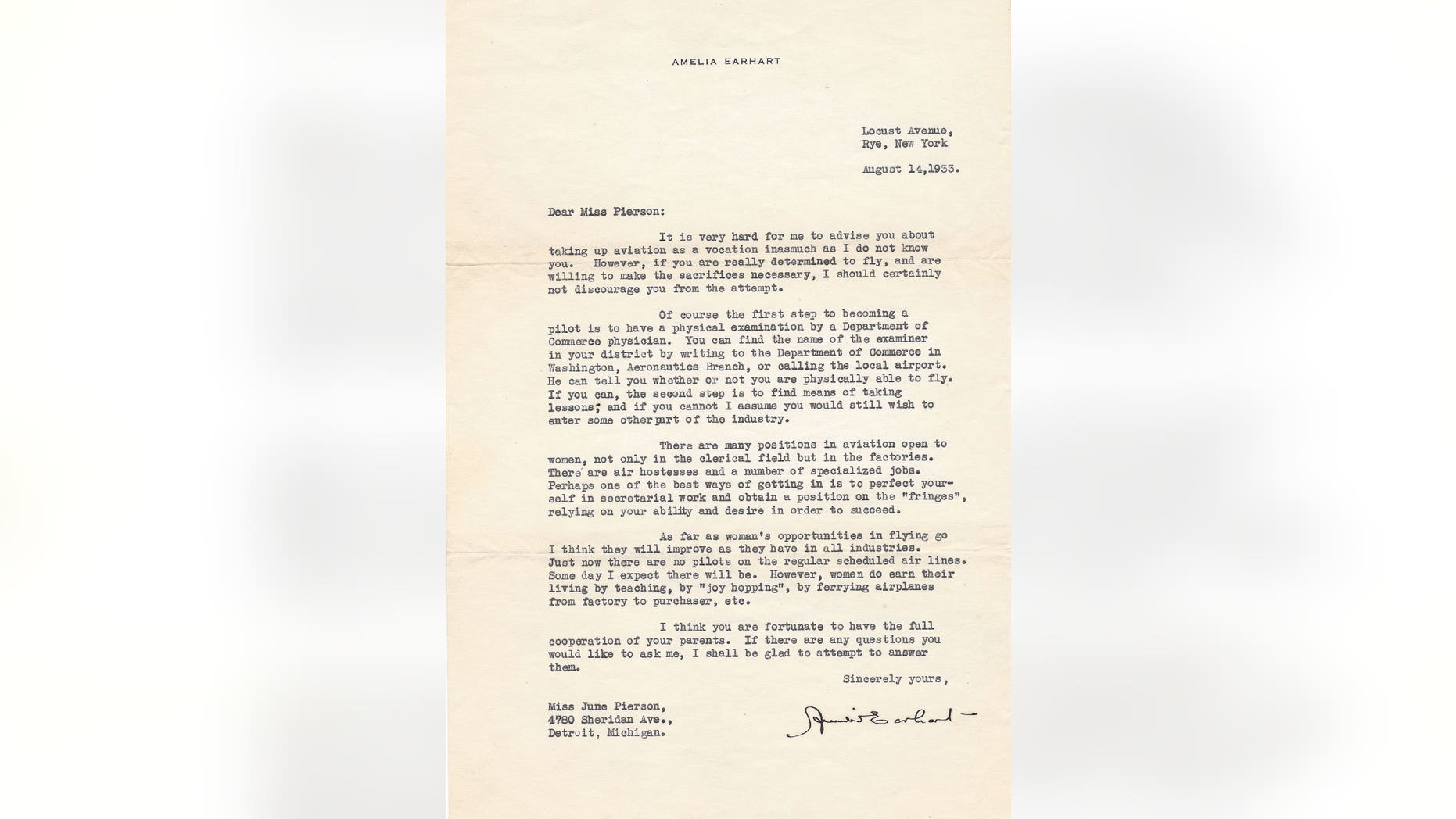 This letter, signed by aviation pioneer Amelia Earhart, was written to 13-year-old June Pierson in 1933. (Credit: The Raab Collection)