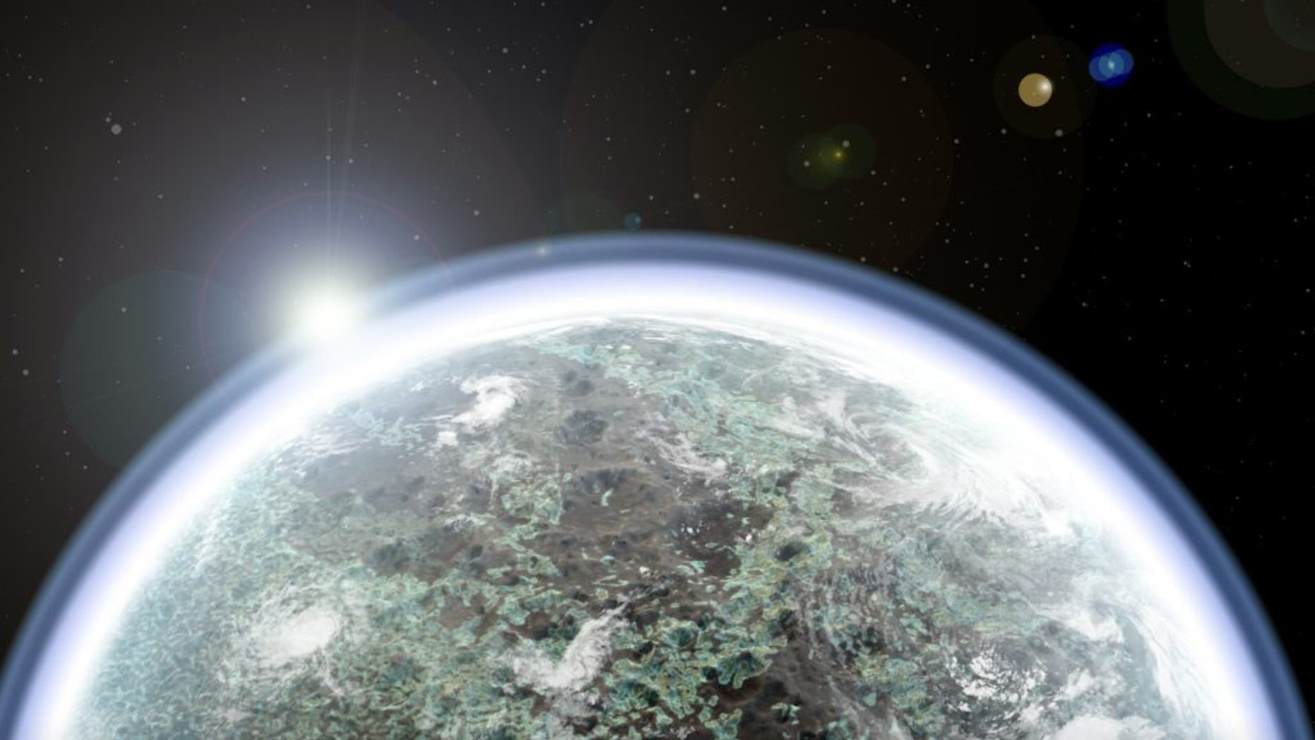 Artist’s illustration of how Mars may have looked soon after it formed, where clay-rich terrains (blues and greens) are mixed with basaltic lavas and impact-melted rocks (browns and blacks).