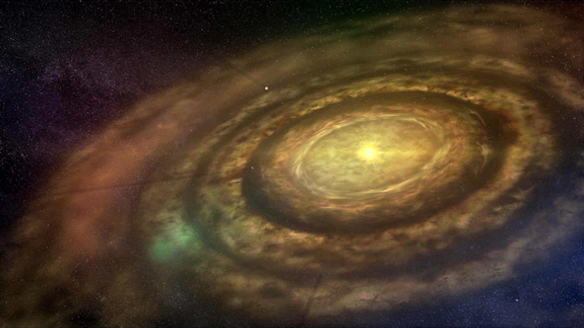 An artist conception of a newly formed star surrounded by a swirling protoplanetary disk of dust and gas, where debris coalesces to create rocky 'planetesimals' that collide and grow to eventually form planets. A new study suggests small rocky
