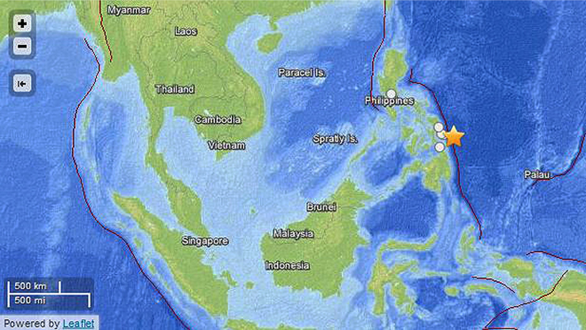 A 7.9-magnitude undersea quake struck off the eastern coast of the Philippines late Friday, the epicenter indicated on this map by a star.