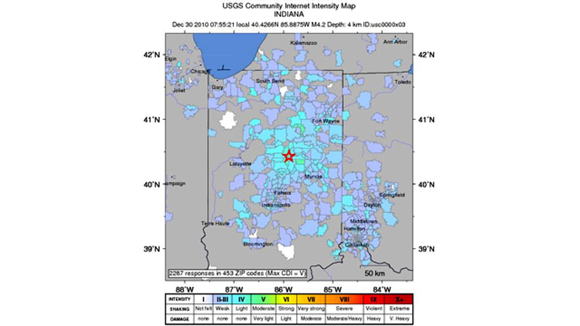 A USGS map locates the magnitude 3.8 quake that struck Central Indiana Thursday morning.