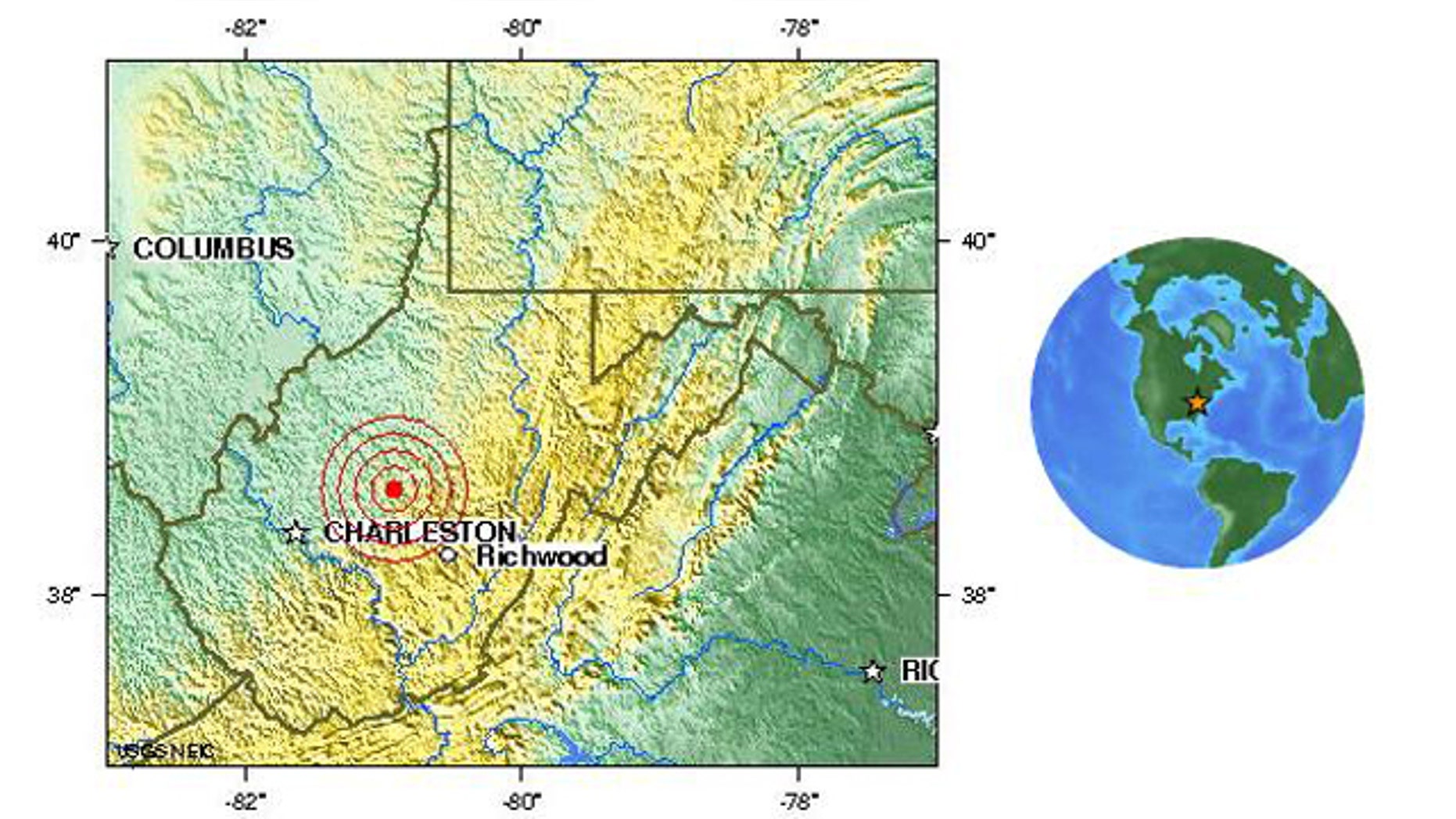 A map on the USGS Web site shows the location of a magnitude 3.4 earthquake that struck West Virgina April 4, mere days before a deadly methane gas explosion in a nearby mine.