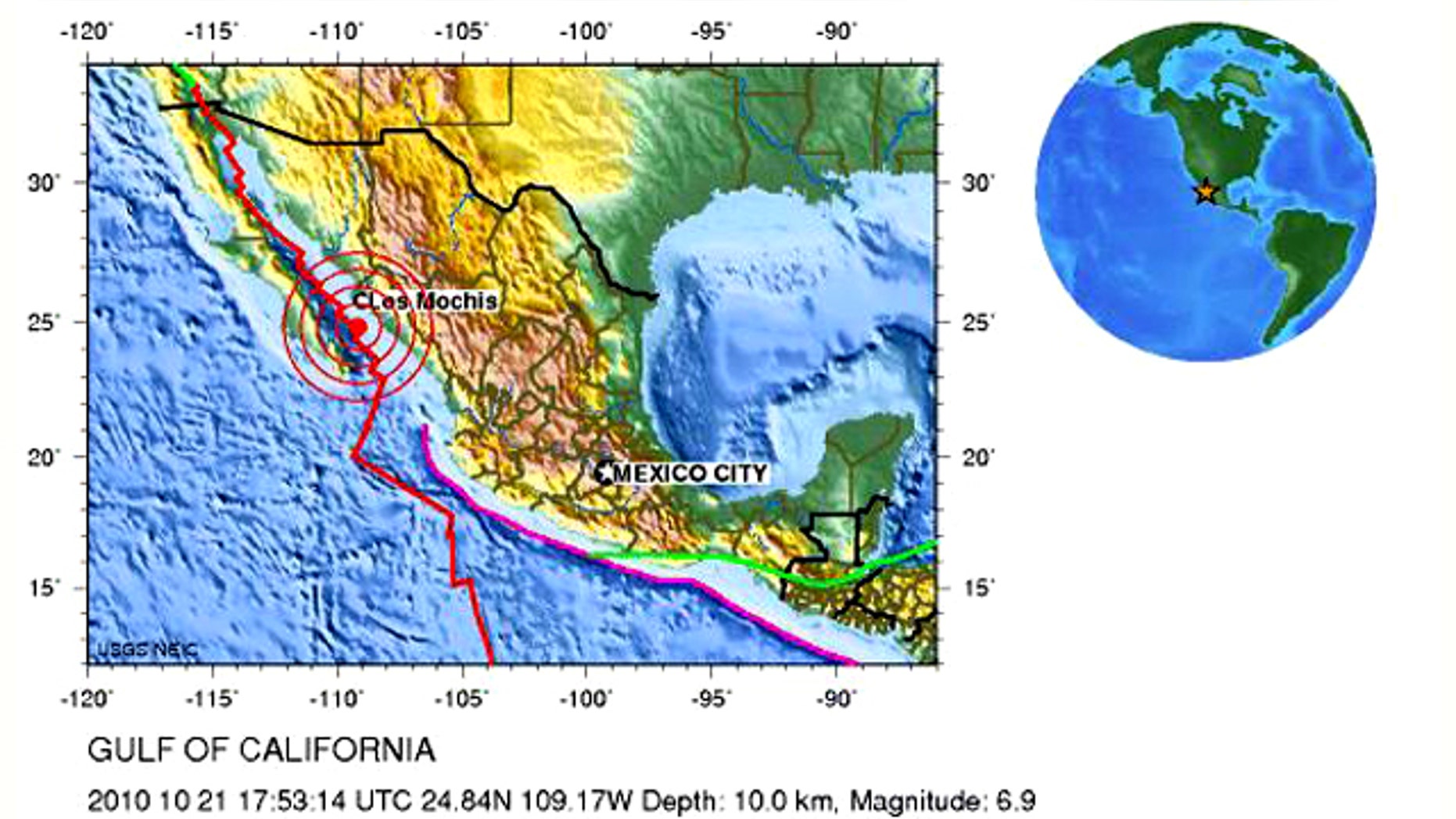 An earthquake shook Mexico's Baja California, as shown in this color-coded elevation map from the U.S. Geological Survey.