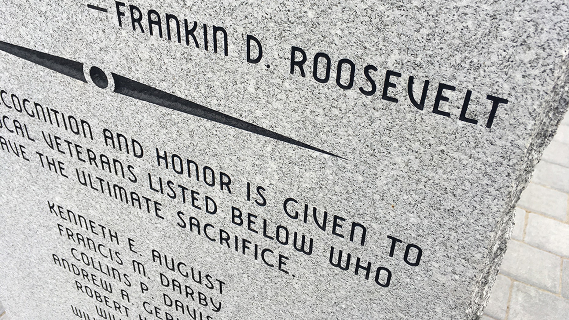 The "L" in Franklin D. Roosevelt's name is missing on this newly-installed veterans memorial in East Windsor, Conn.