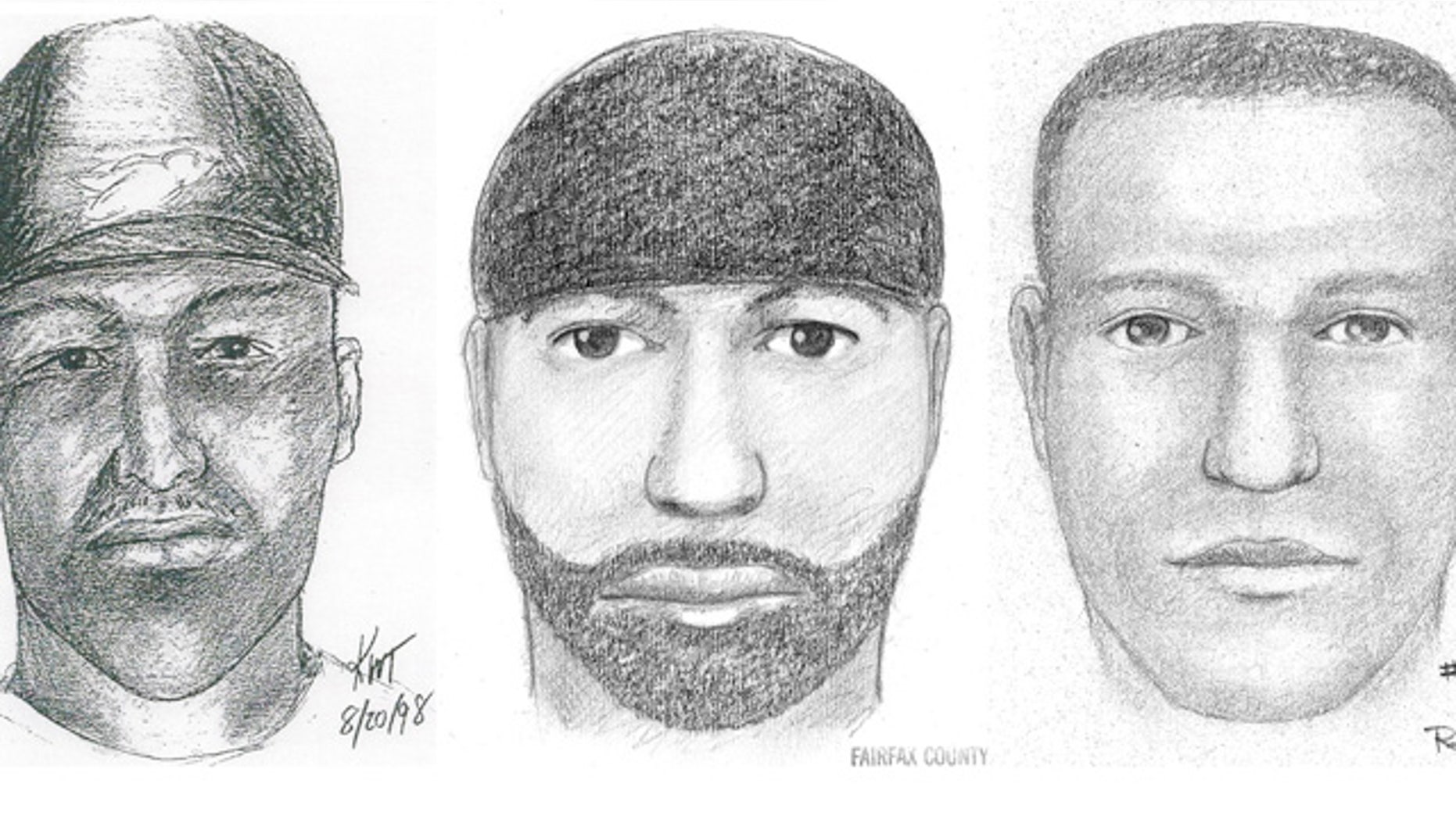 This composite of artists' sketches provided by the Fairfax, Va., County Police Department shows the likeness of a suspect wanted for 12 sexual assaults or attempted sexual assaults between 1997 and 2009 in Maryland, Virginia, Connecticut, and Rhode Island. The sketches were made in 1998, left, in 1999, center, and in 2000, right (AP).