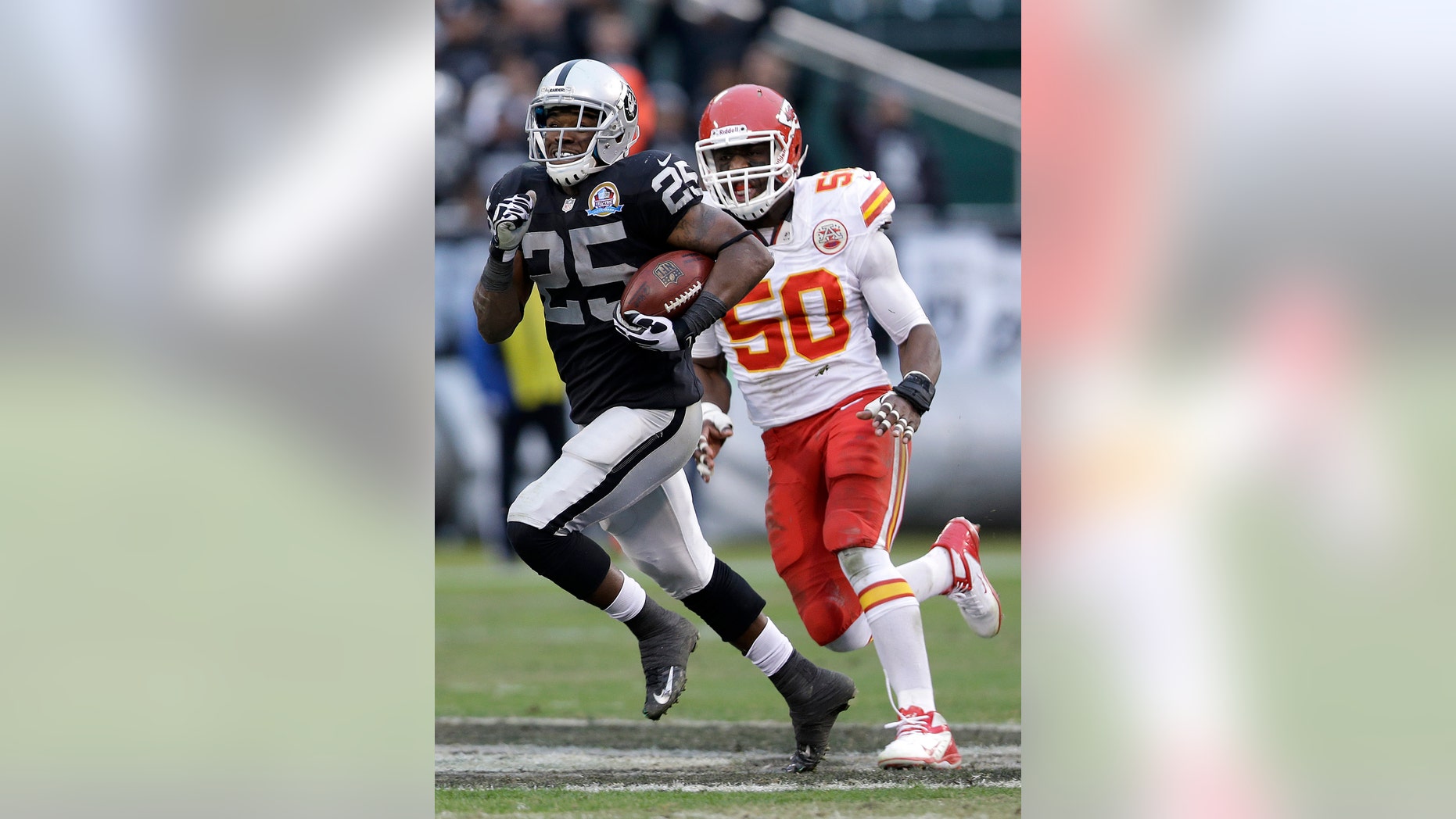 Oakland Raiders running back Mike Goodson (25) runs past Kansas City Chiefs outside linebacker Justin Houston (50) during the third quarter of an NFL football game in Oakland, Calif., Sunday, Dec. 16, 2012. (AP Photo/Marcio Jose Sanchez)