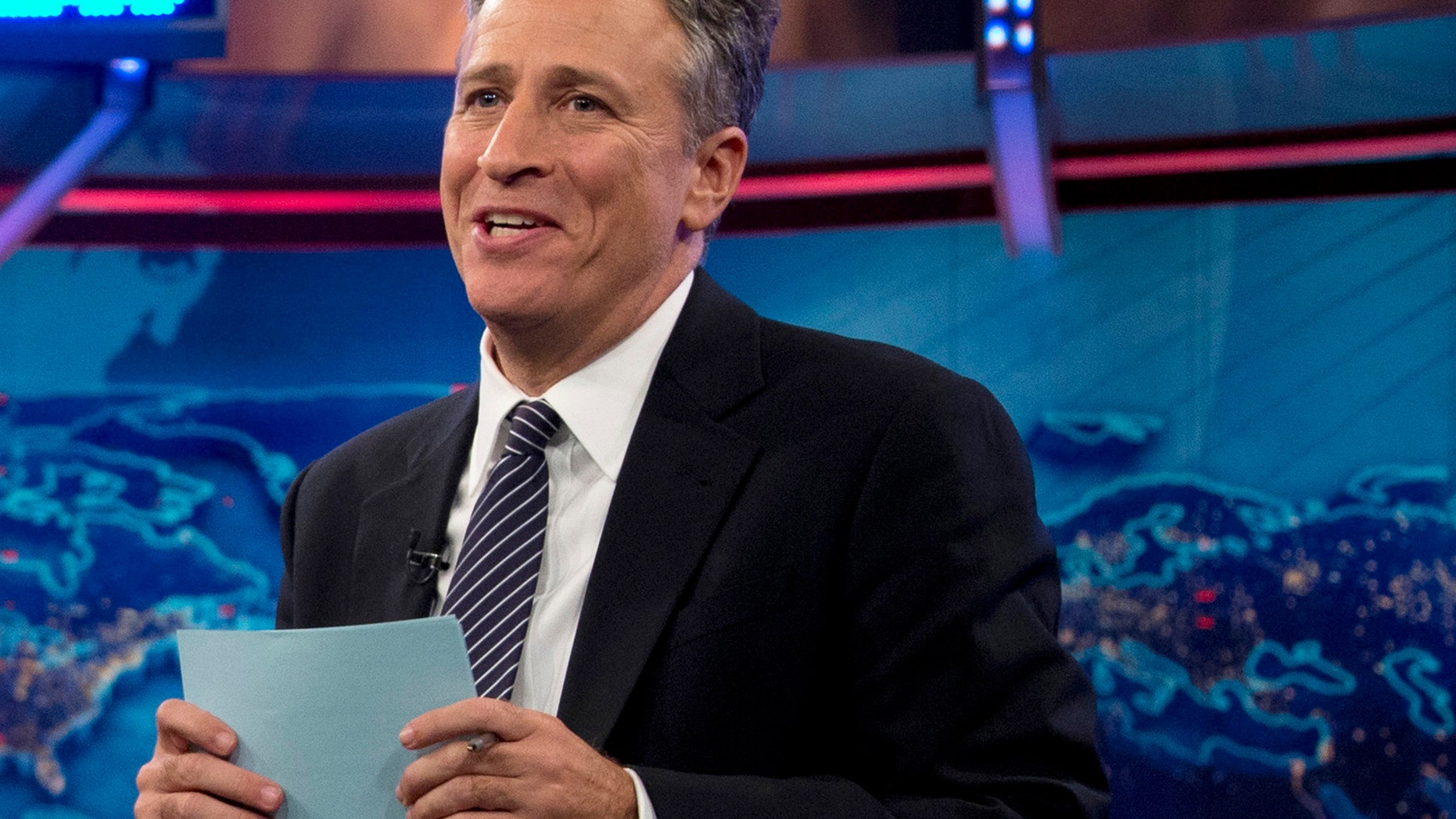 FILE - In this Oct. 18, 2012 file photo, Jon Stewart speaks during a taping of "The Daily Show with John Stewart", in New York. The U.S. Embassy in Cairo has at least temporarily shut down its Twitter feed following an unusual diplomatic incident involving "The Daily Show" host Jon Stewart and the Egyptian government. (AP Photo/Carolyn Kaster, file)
