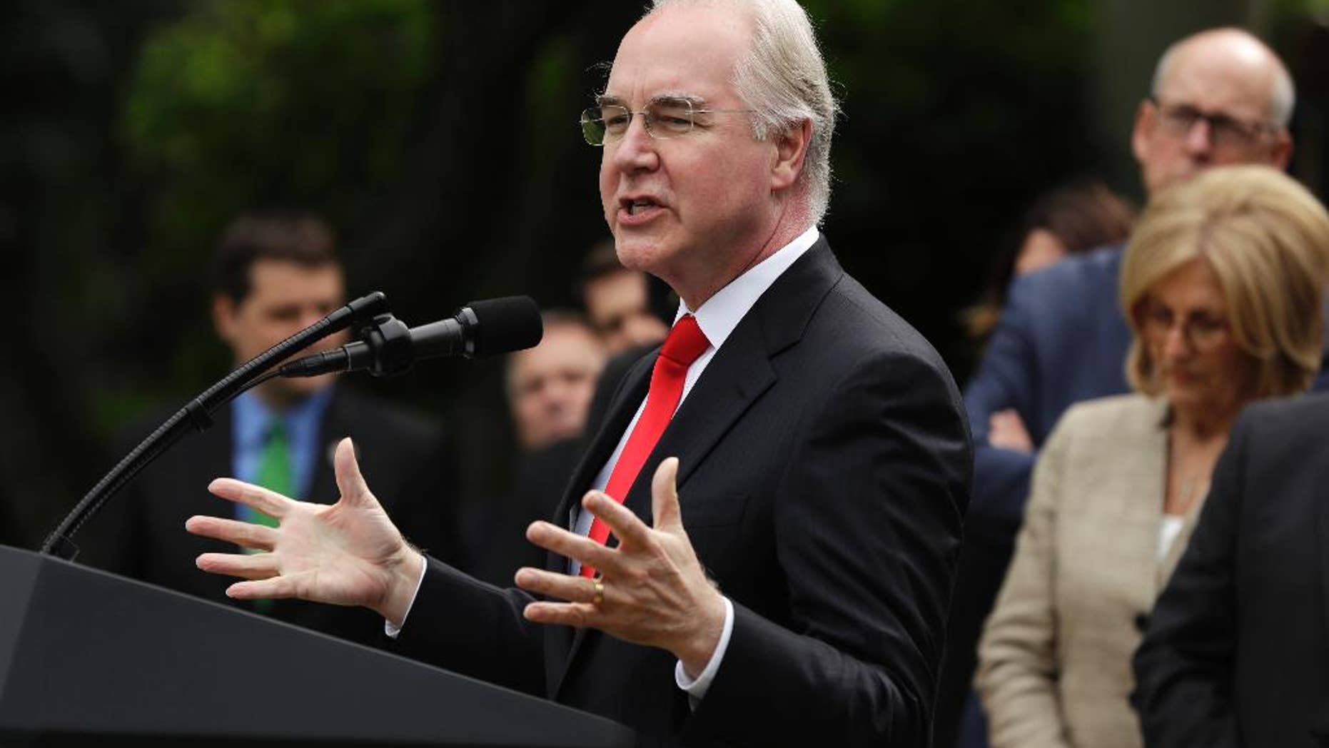FILE - In this Thursday, May 4, 2017, file photo, Health and Human Services Secretary Tom Price speaks in the Rose Garden of the White House in Washington, after the House pushed through a health care bill. Cutting nearly $1 trillion from Medicaid will give states the freedom to tailor the program to suit their needs, Price said Sunday, May 7, as he defended a narrowly passed House bill that aims to undo parts of the health care law enacted by the previous administration. (AP Photo/Evan Vucci, File)
