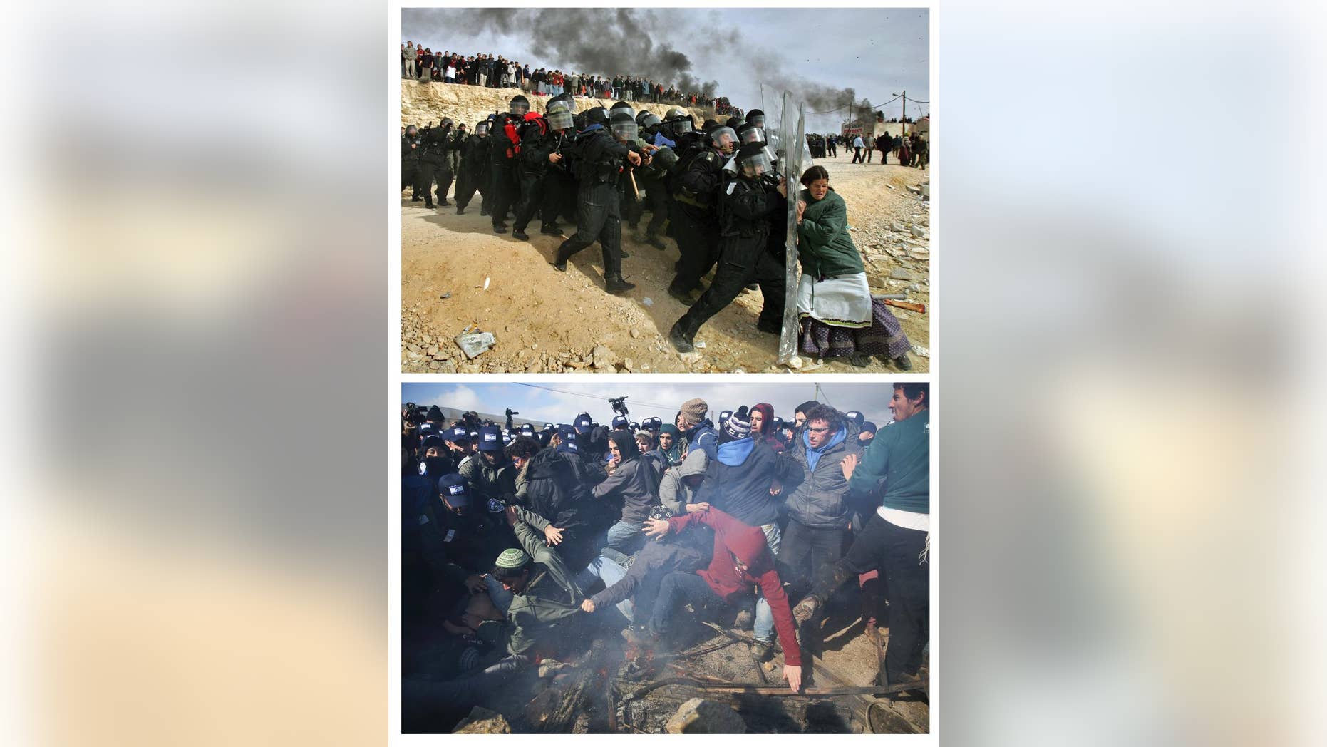 This combination of photos by Oded Balilty shows his Pulitzer Prize winning photograph of Israeli settlers challenging security forces at the West Bank outpost of Amona on Feb. 1, 2006, top, and at bottom Israeli settlers battling eviction from the same outpost exactly eleven years later, on Wednesday, Feb. 1, 2017. (AP Photo/Oded Balilty)