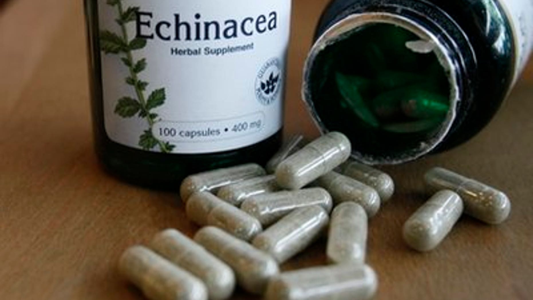 The dietary supplement echinacea is displayed in a shop Monday, Dec. 20, 2010, in Seattle. The largest study of the popular herbal remedy echinacea finds it won't help you get over a cold any sooner. The study of more than 700 adults and children suggests the tiniest hint of a possible benefit, about a half day shaved off a weeklong cold and slightly milder symptoms. But that could have occurred by chance. (AP Photo/Elaine Thompson)