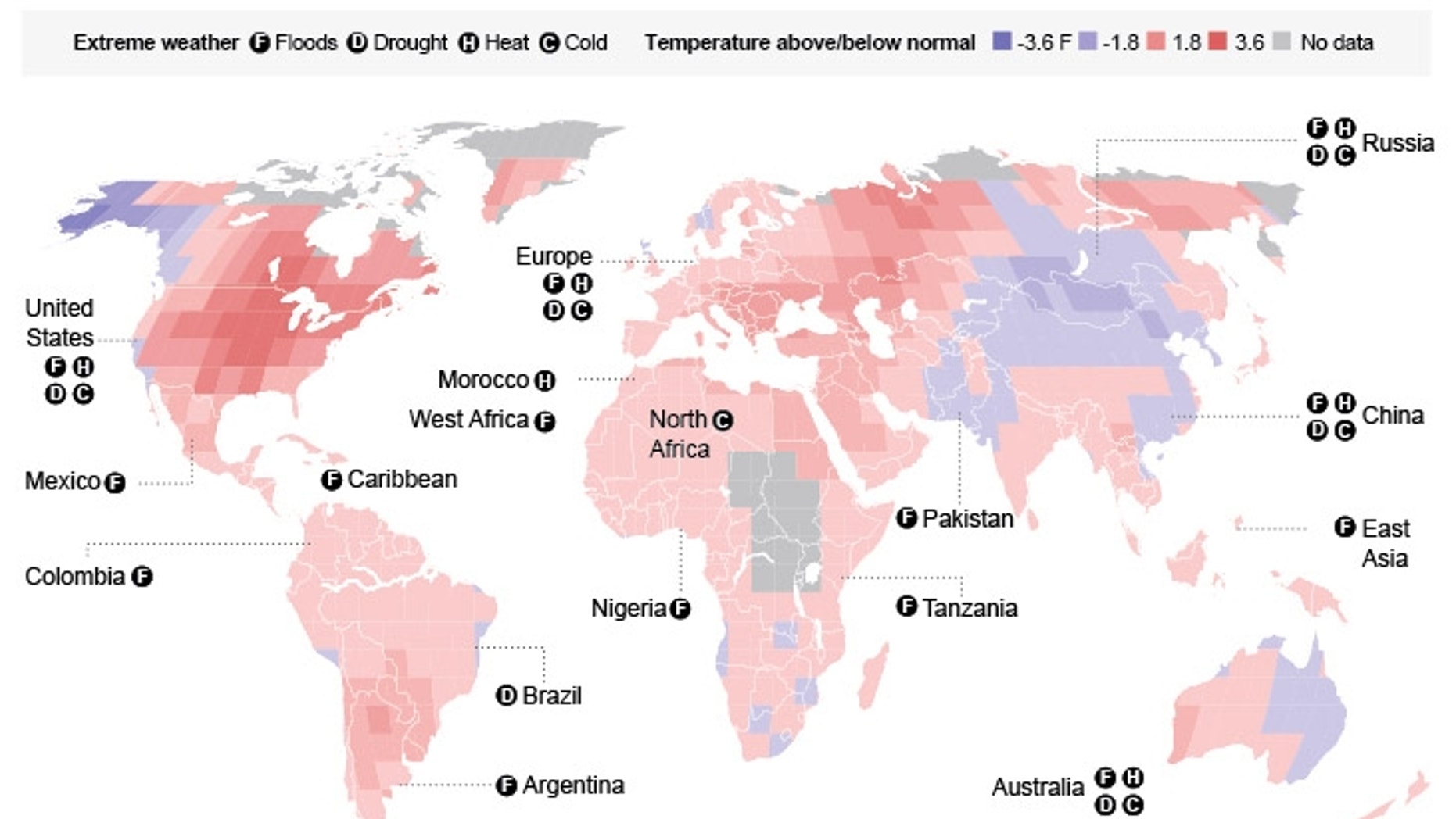 World map shows temperature records for the year