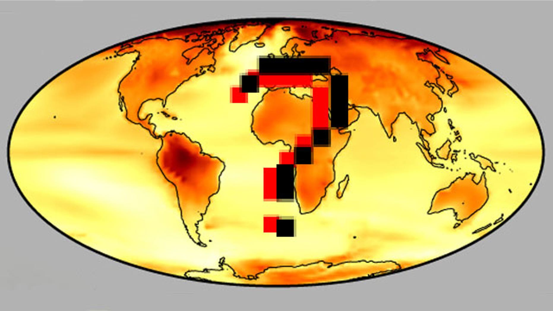 The predicted temperature changes (darker red indicating greater change) due to global warming, based on data that scientists, policymakers and the public are now questioning.